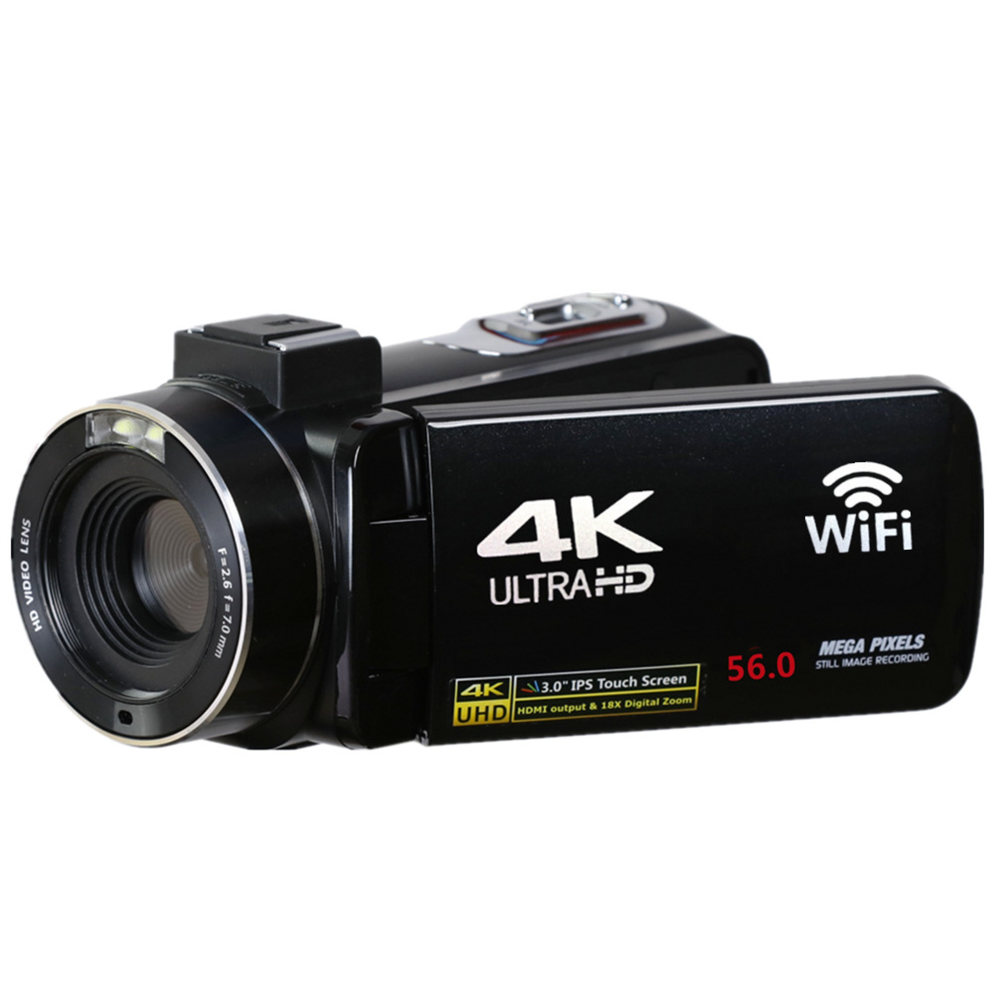 Schwarze 4K Ultra HD Videokamera mit WiFi und Touchscreen. Zeigt 56,0 Megapixel und Digitalzoom.