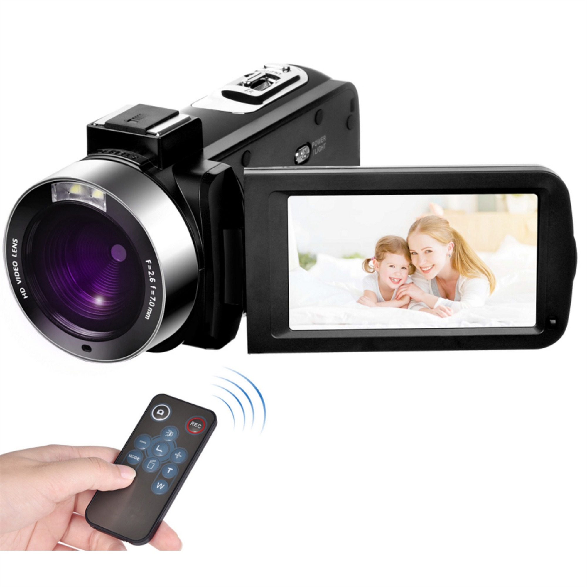 Schwarze Camcorder mit ausklappbarem Bildschirm, der eine Frau und ein Kind zeigt, und einer Fernbedienung.