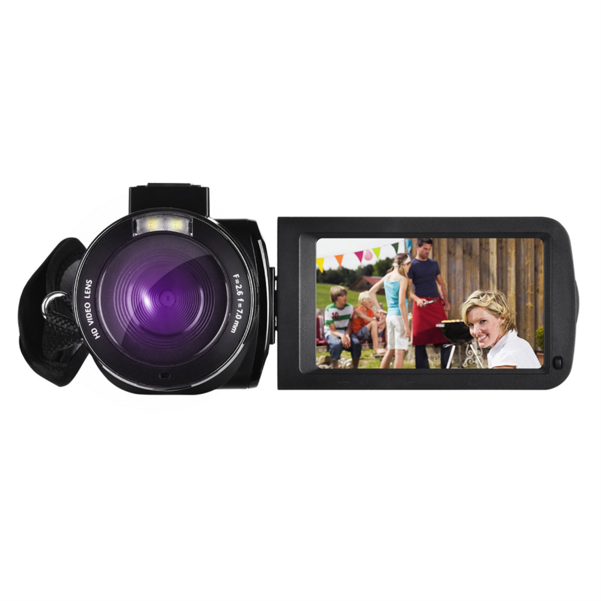 Camcorder mit Objektiv und Bildschirm, der eine Familie beim Grillen zeigt. Schwarz mit schwarzem Handriemen.