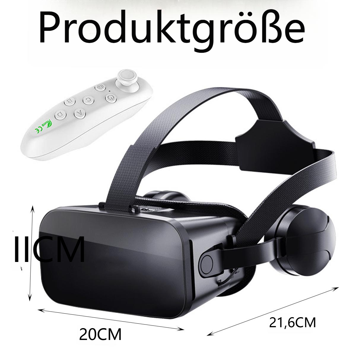Schwarzes VR-Headset mit weißer Fernbedienung. Text: Produktgröße.
