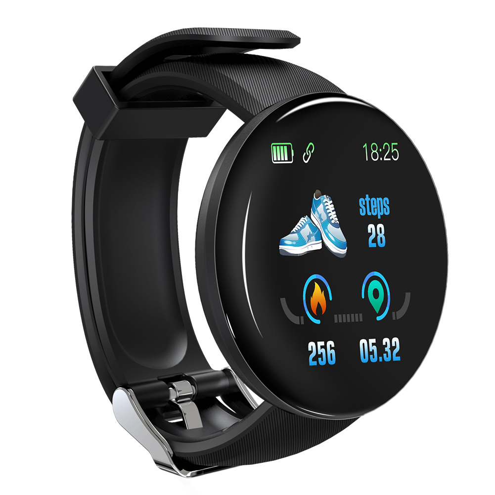 Schwarze Smartwatch mit rundem Zifferblatt, das Schritte, Zeit und Akku anzeigt. Weißer Hintergrund.