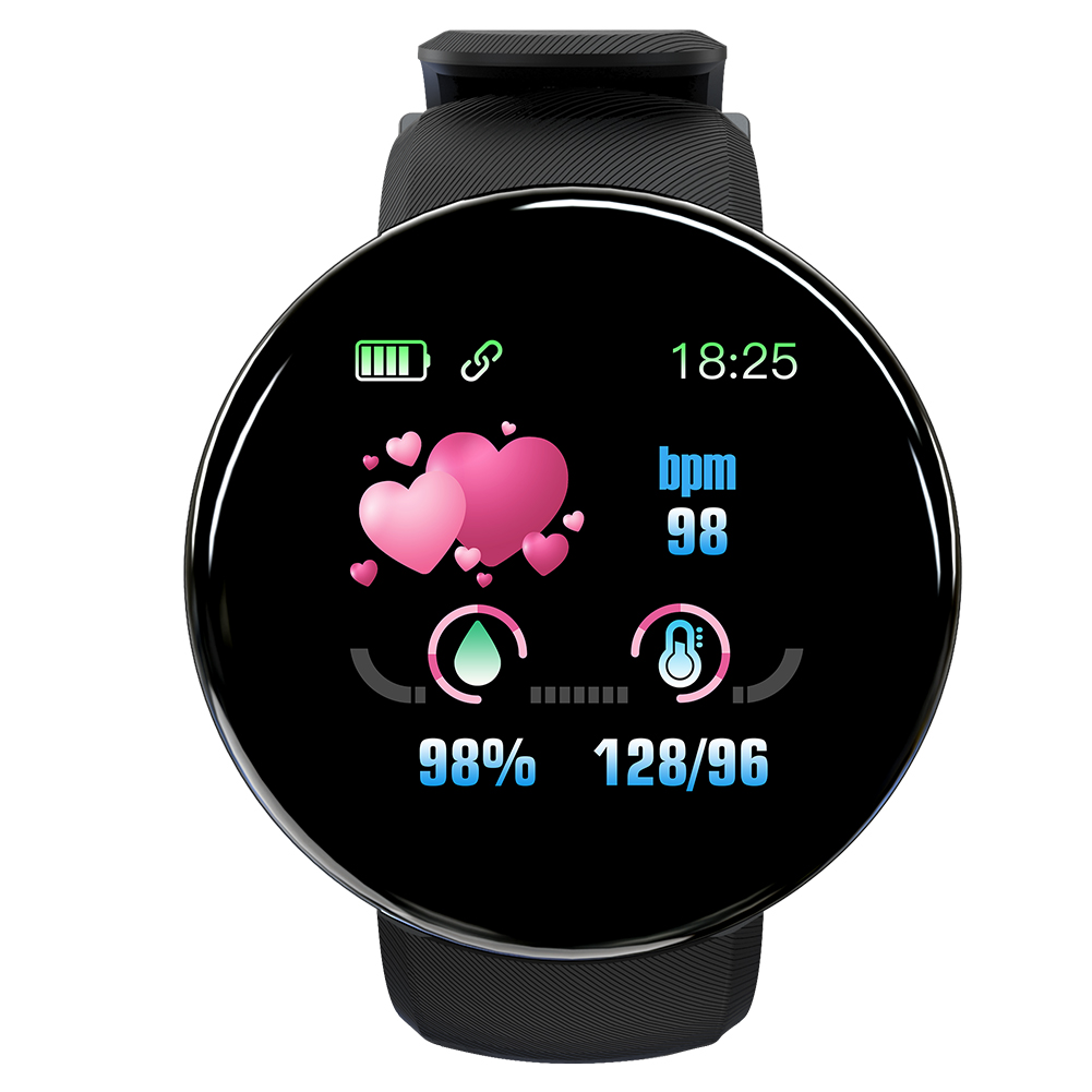 Schwarze Smartwatch mit Display, das Gesundheitsdaten anzeigt. Die Uhr hat ein schwarzes Armband.