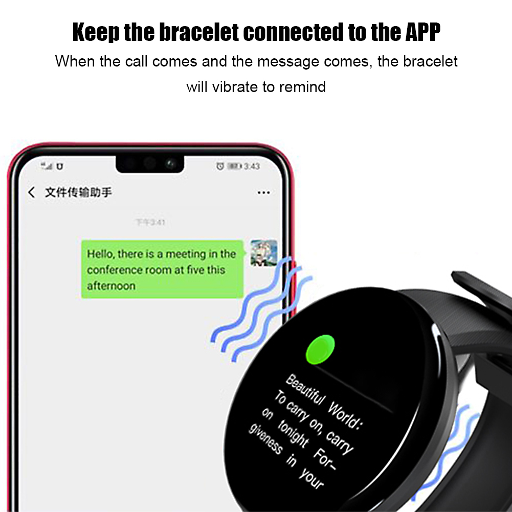 Smartwatch mit Telefon verbunden. Nachricht auf dem Bildschirm, grüner Punkt, Text über 'schöne Welt'.