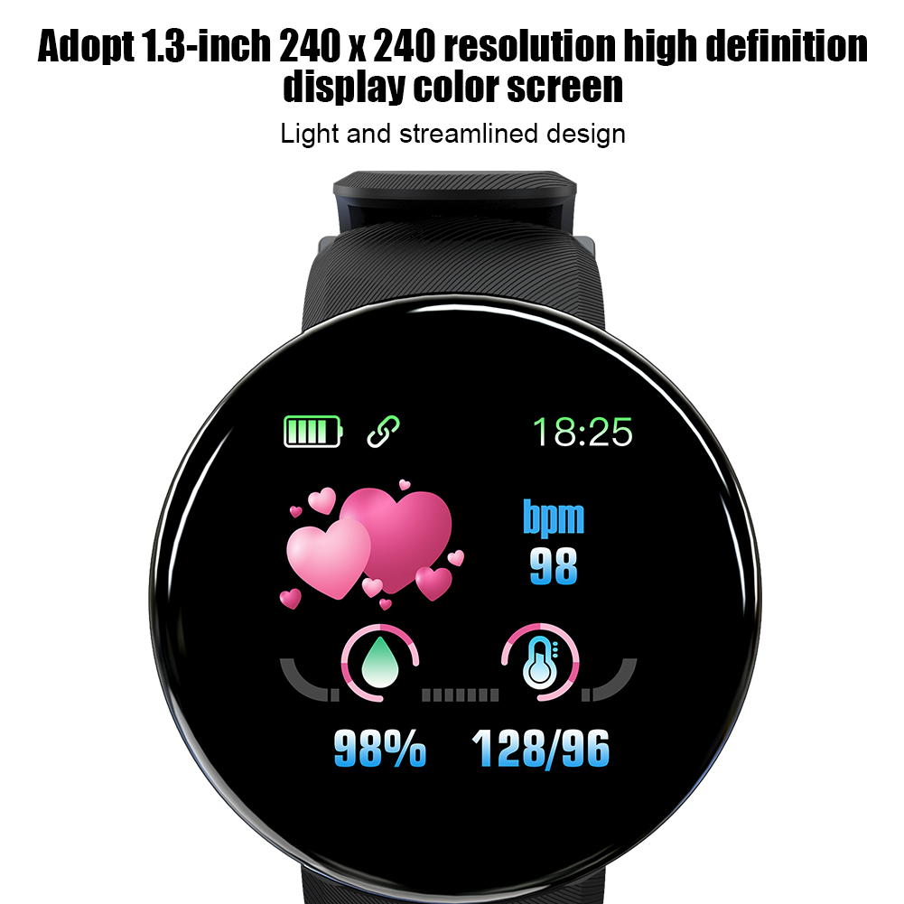 Schwarze Smartwatch mit Gesundheitsdaten: BPM, Herzfrequenz, und Akkuanzeigen.
