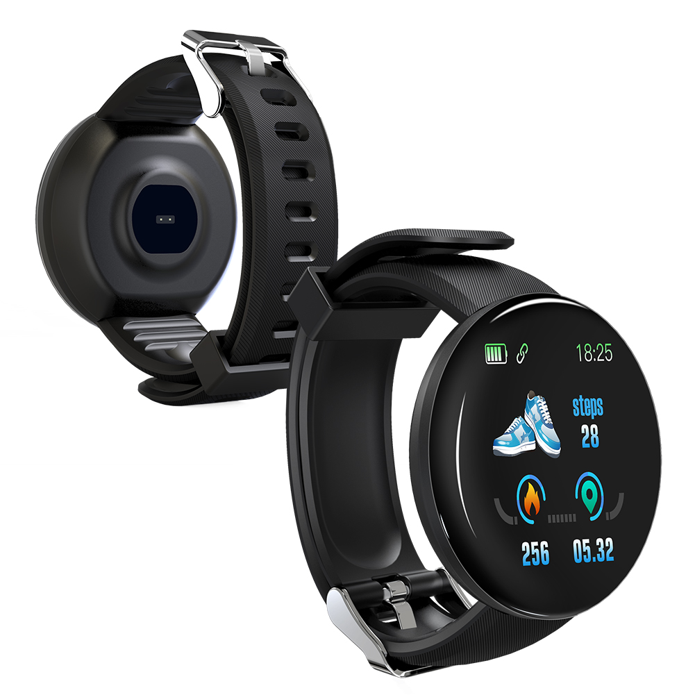 Schwarze Smartwatch mit Schritten und Akku. Weißer Hintergrund.