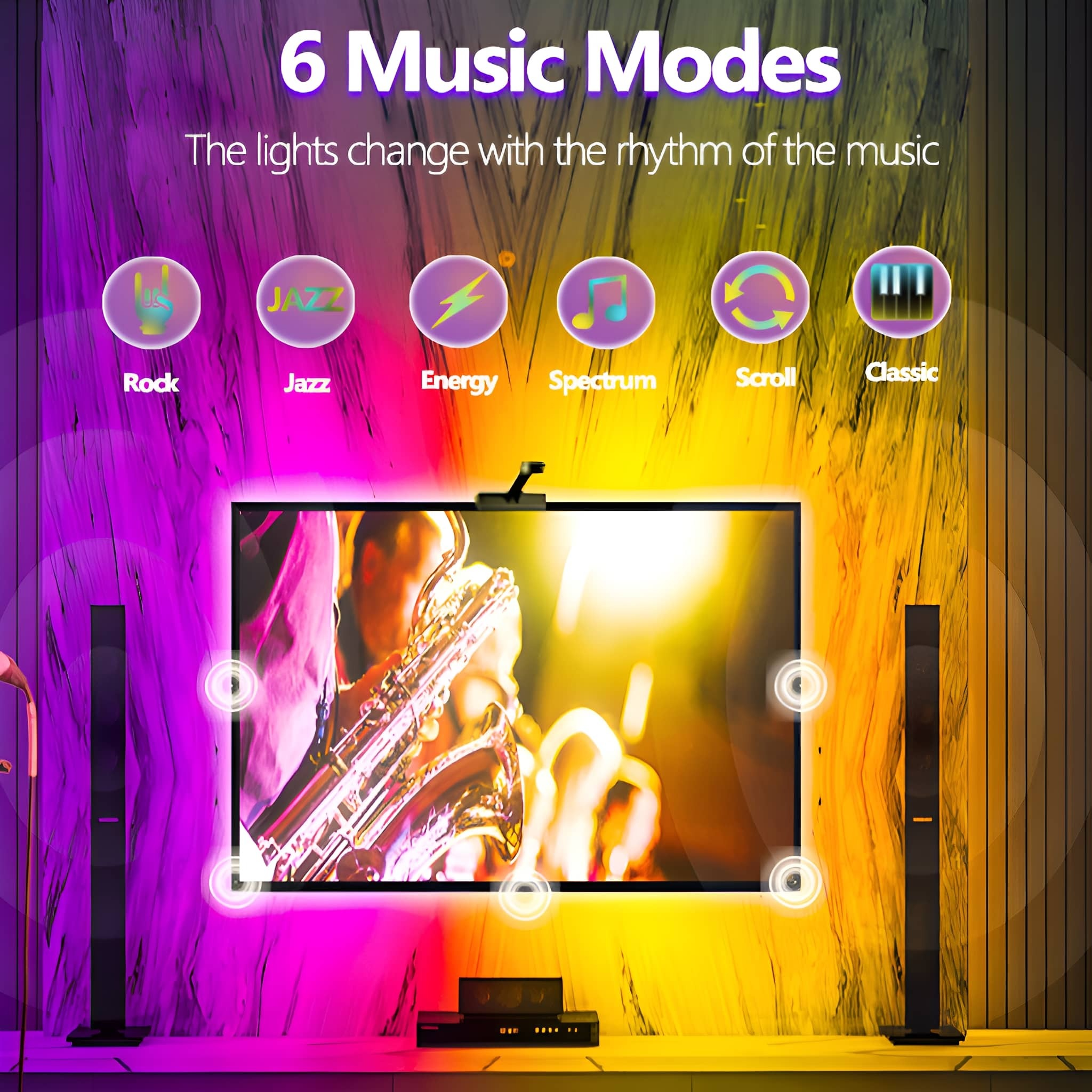 Wohnzimmer mit TV, der Musiknoten anzeigt. Sechs Musikmodi sind aufgelistet. Lautsprecher.