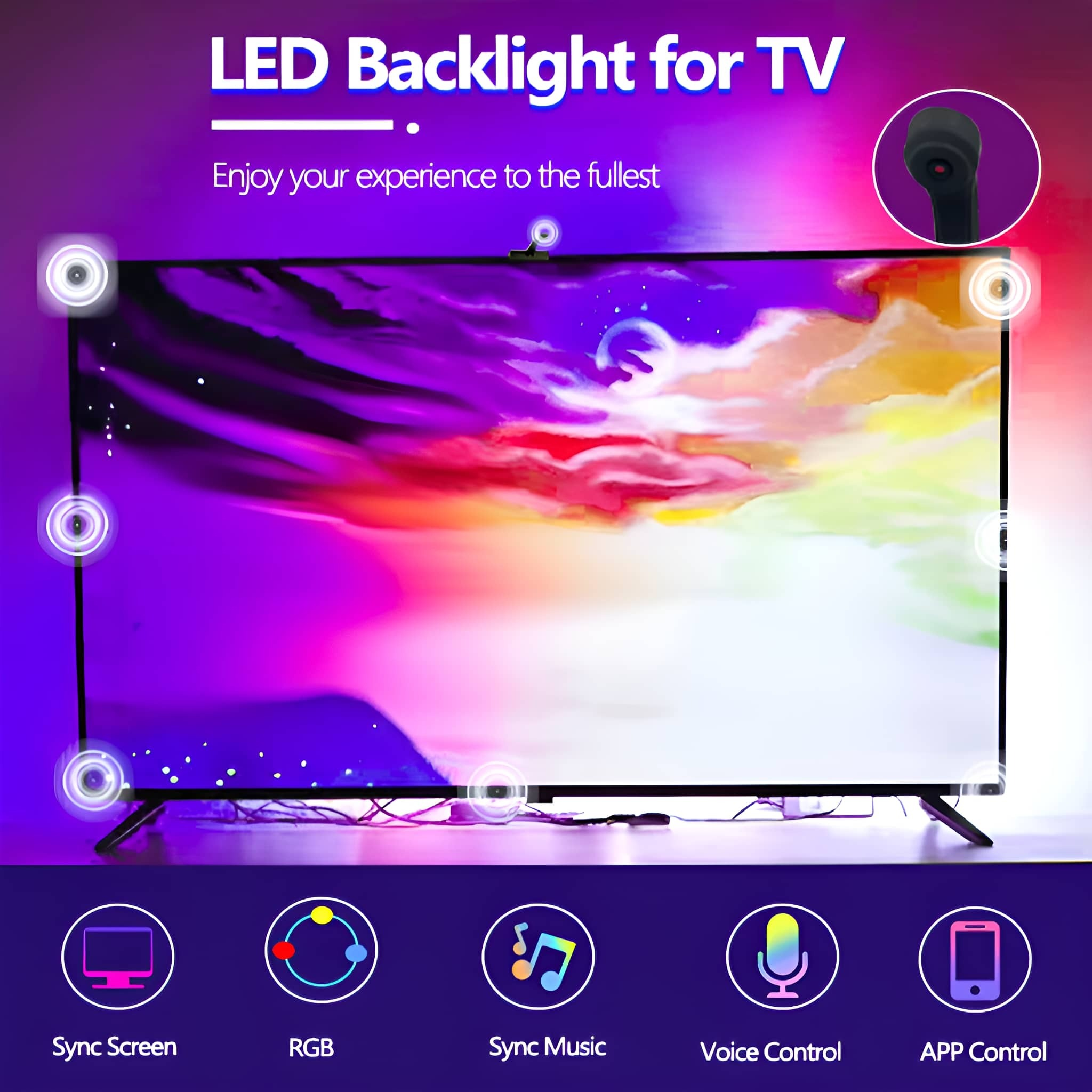 Fernseher mit LED-Hintergrundbeleuchtung. Mehrere Lichter sind um den Fernseher platziert. Symbole für Funktionen werden angezeigt.