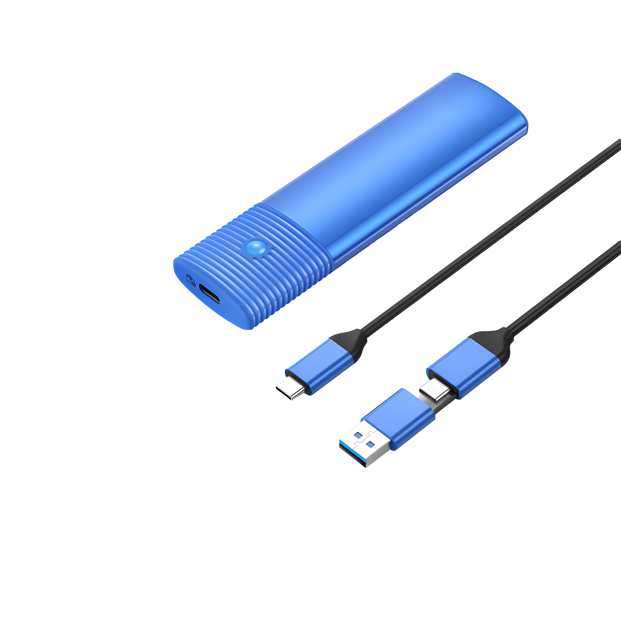 Blaue SSD-Festplatte mit einem USB-C-zu-USB-A- und USB-C-Kabel auf weißem Hintergrund, isolierte Ansicht.