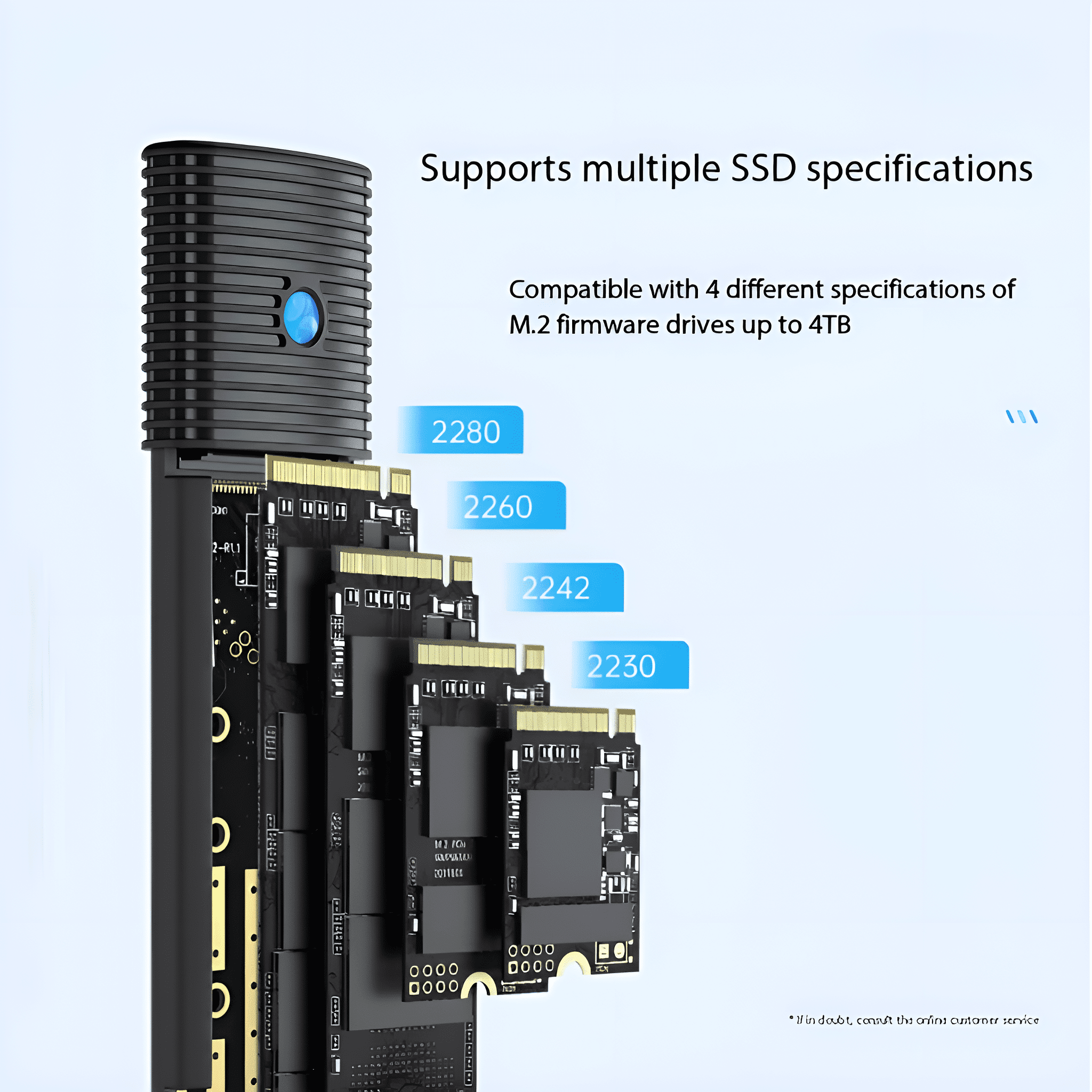 Schwarzes M.2 SSD-Gehäuse mit mehreren SSD-Modulen für verschiedene Größen.
