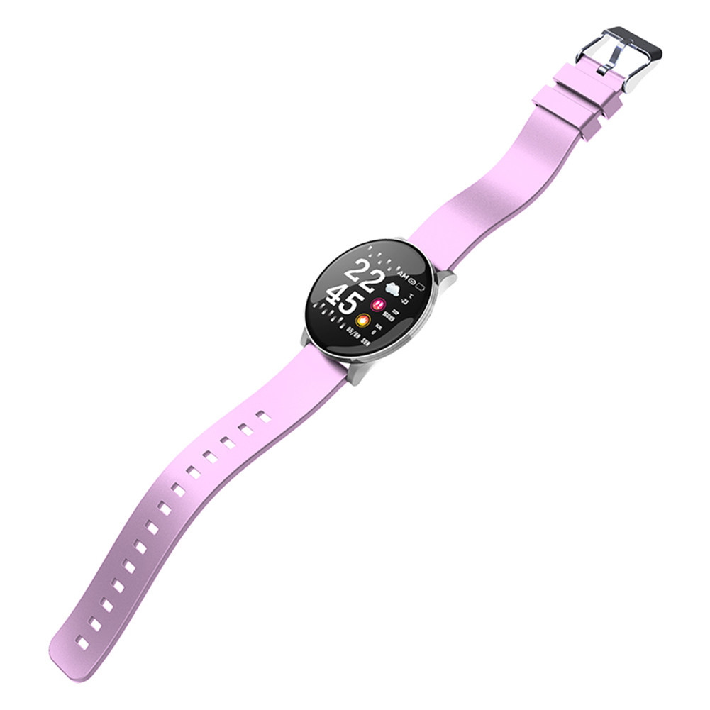 Rosafarbene Smartwatch mit digitaler Zeitanzeige, rosa Armband und weißem Hintergrund.
