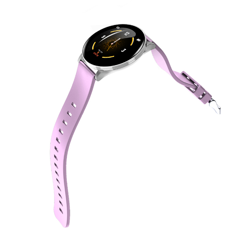 Eine pinkfarbene Smartwatch mit rundem Zifferblatt. Der Hintergrund ist schlicht weiß.