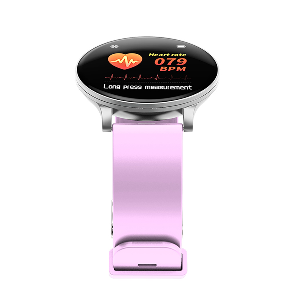 Eine pinkfarbene Smartwatch mit Herzfrequenz und BPM-Anzeige, die eine Herzfrequenzkurve auf dem Bildschirm zeigt.