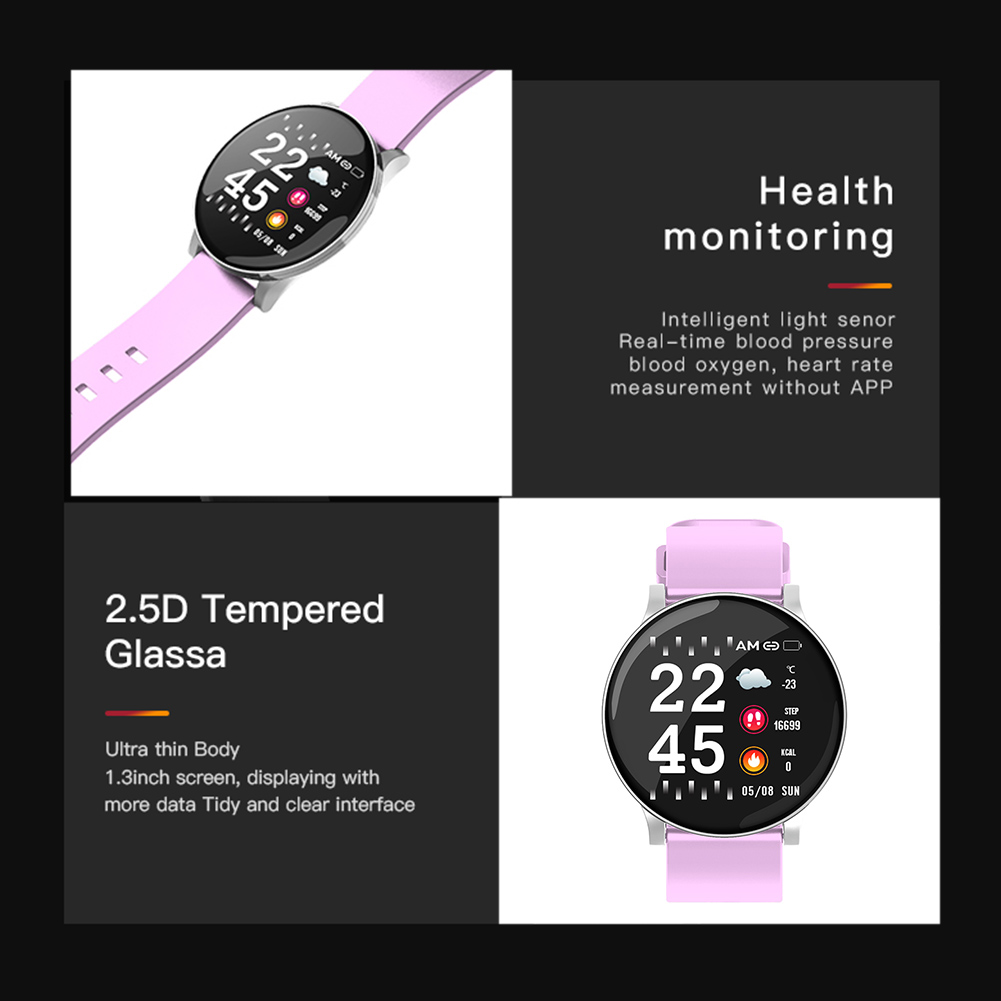 Eine rosa Smartwatch mit Anzeige von Zeit und Gesundheitsdaten. Text beschreibt Gesundheitsüberwachungsfunktionen.