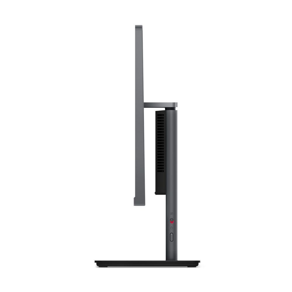 Vista laterale di un monitor per computer grigio scuro con un supporto.