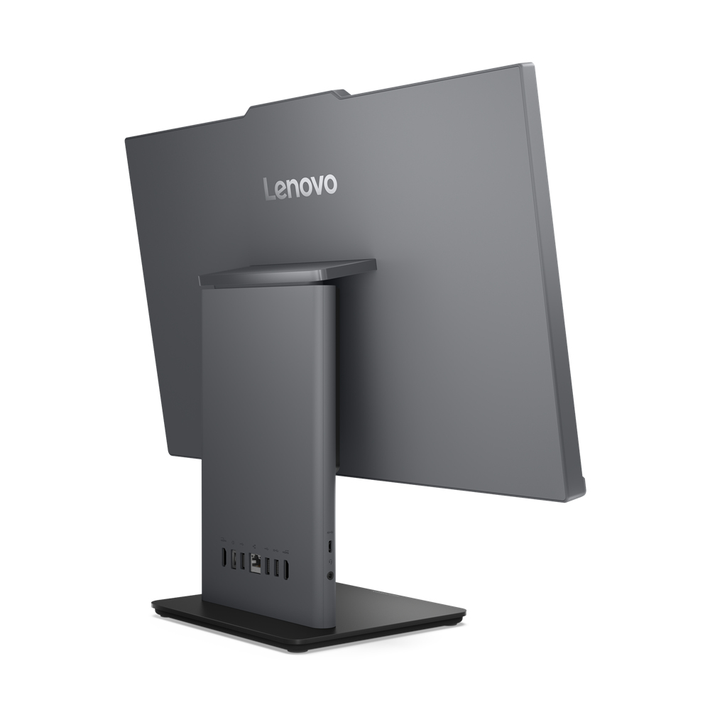 Computer Lenovo all-in-one grigio, vista posteriore. Porte visibili. Sfondo bianco.