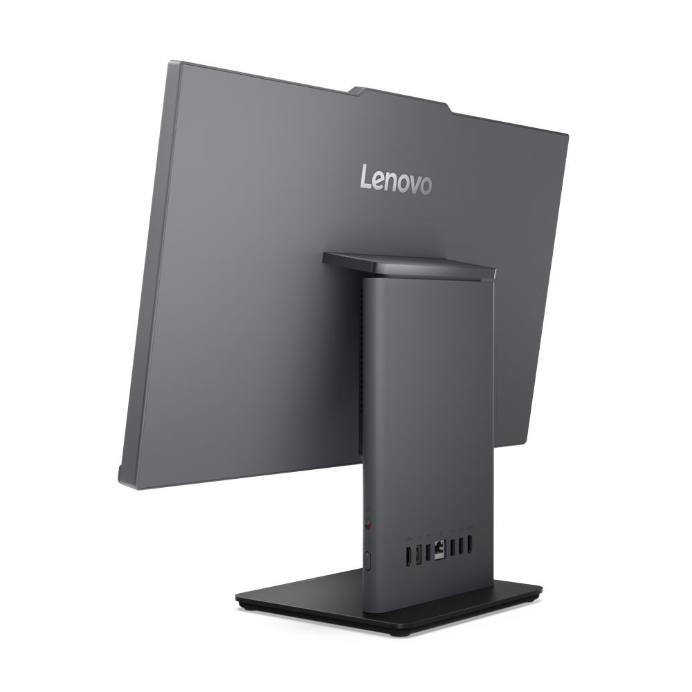 Vista posteriore di un computer all-in-one Lenovo, grigio scuro, con supporto.