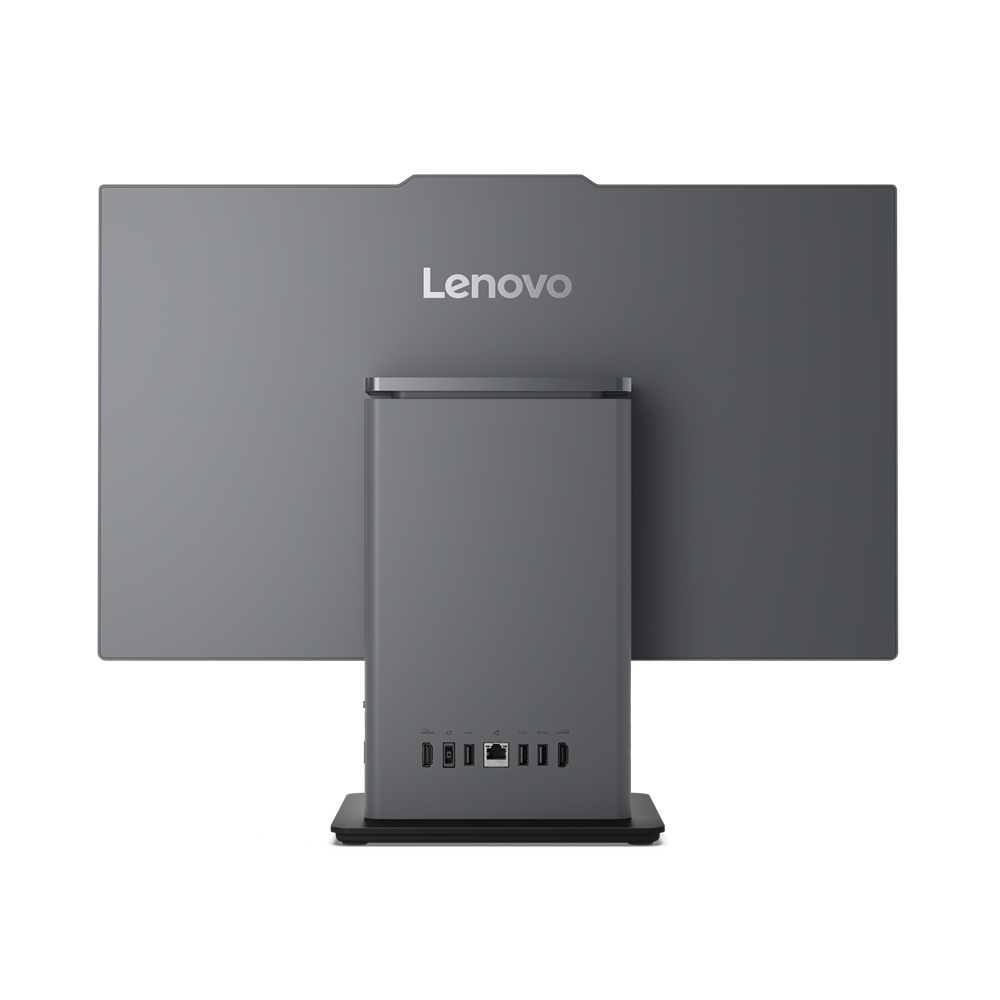 Retro di un computer all-in-one Lenovo grigio, che mostra le porte e il logo Lenovo.