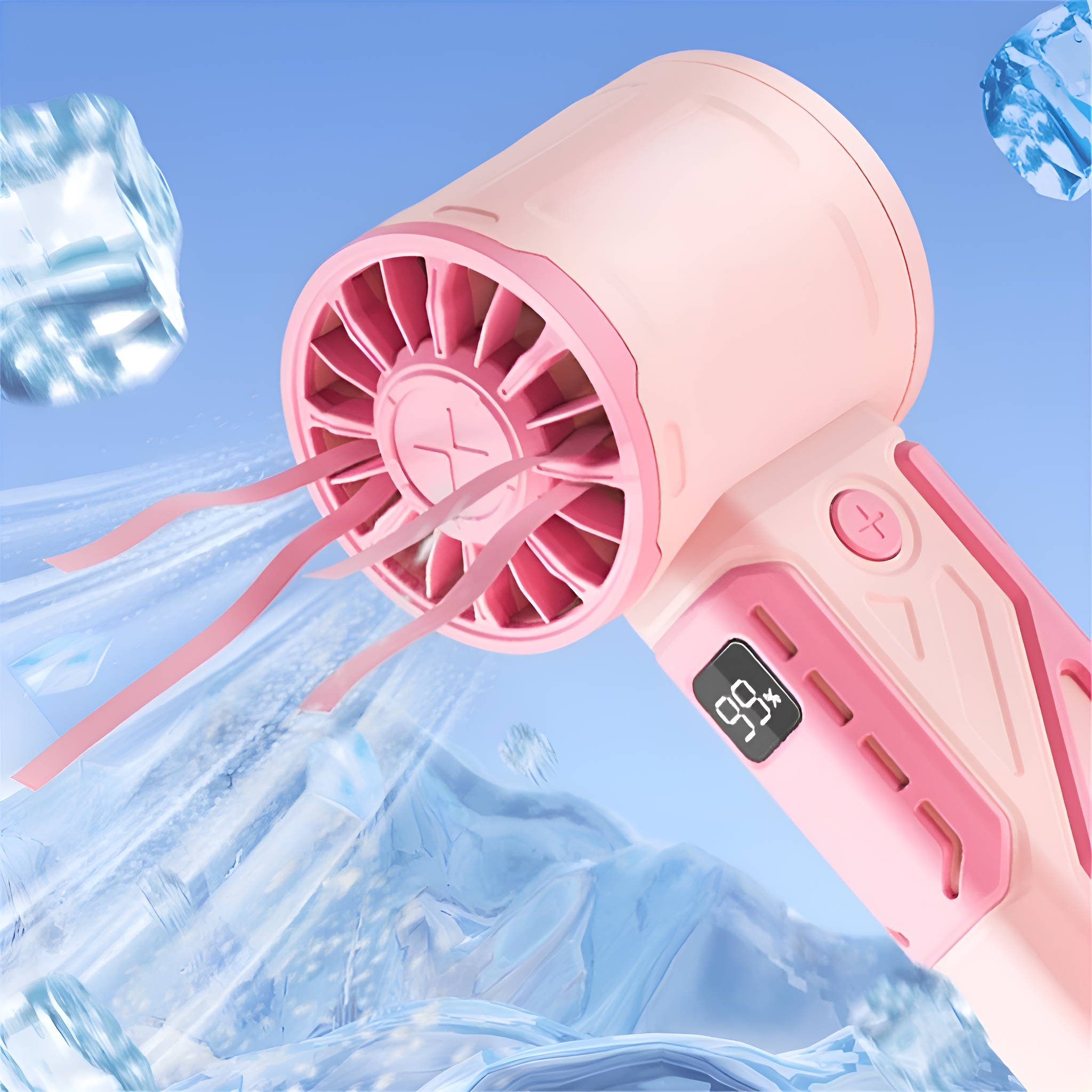 Handventilator in Pink und Weiß. Verfügt über eine digitale Anzeige und pinke Luftauslässe.