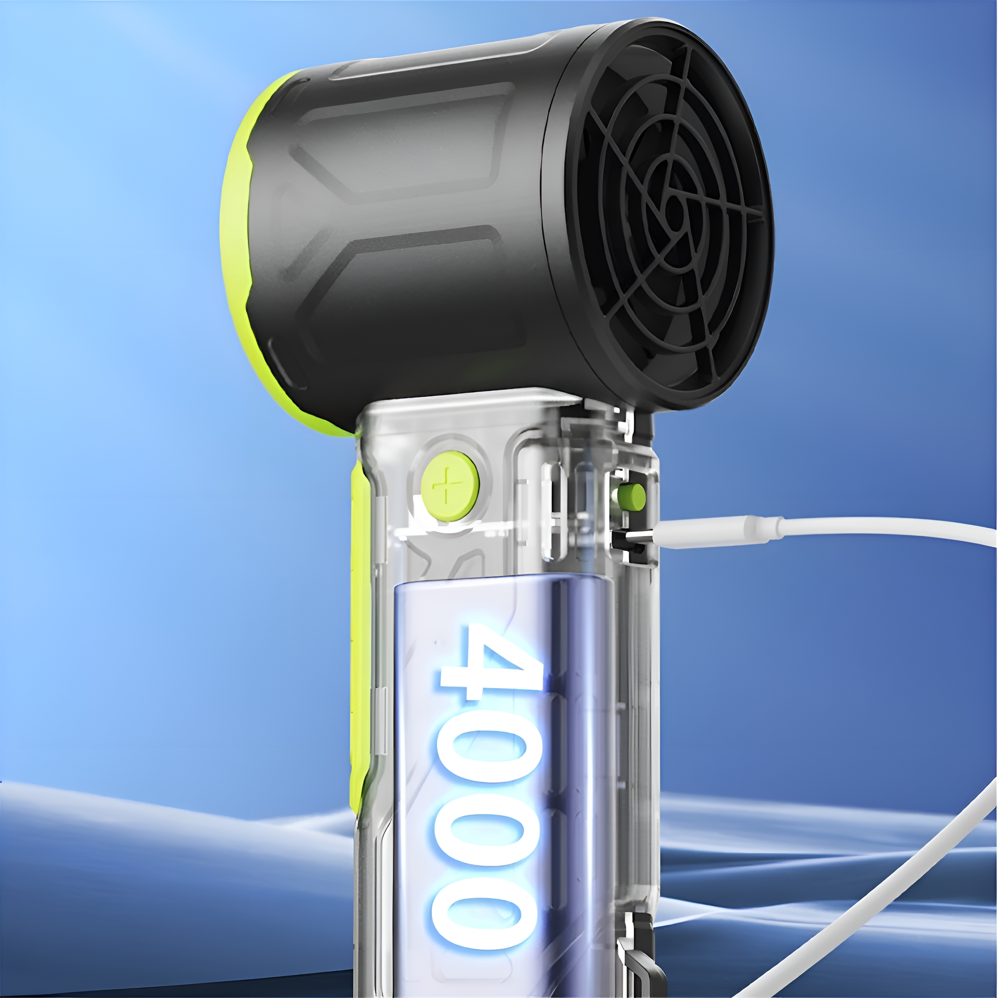Schwarzer und grüner tragbarer Ventilator mit 4000 Aufdruck.