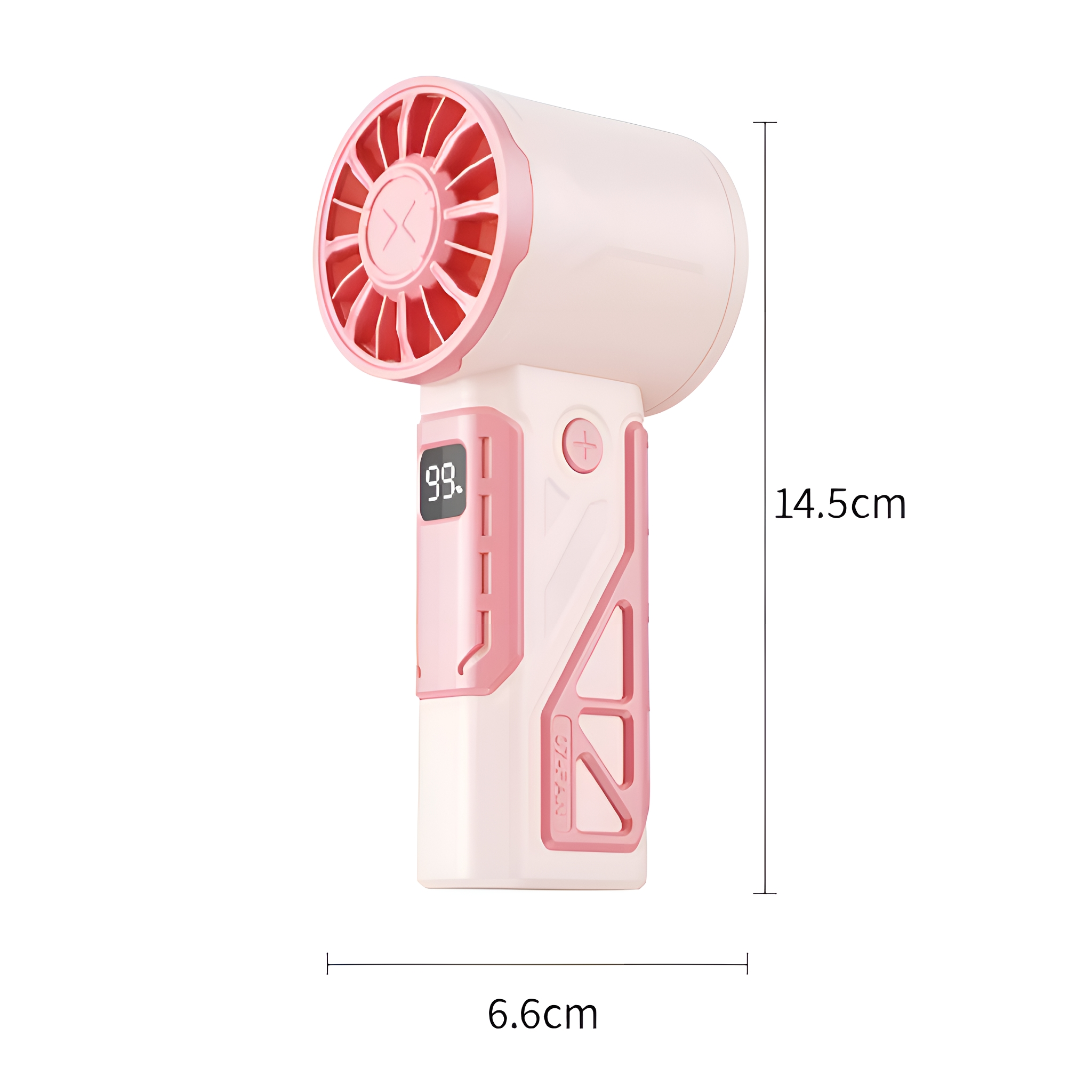 Rosa-weißer tragbarer Ventilator mit Digitalanzeige und Abmessungen.