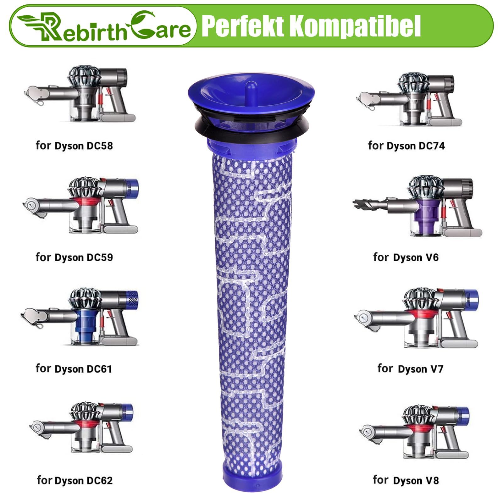Ein Filter und Dyson-Staubsauger-Modelle werden angezeigt. Der Filter ist blau und weiß.