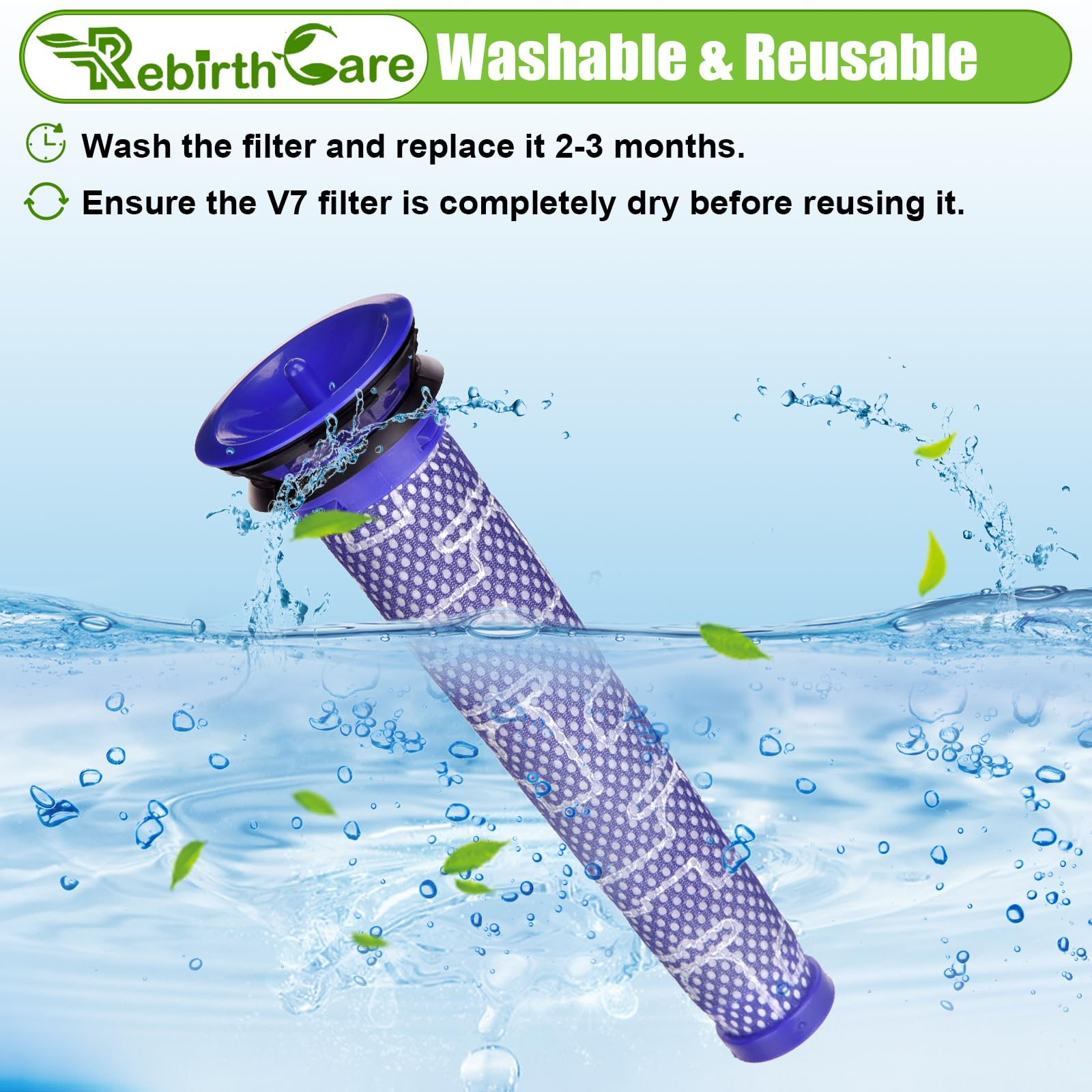 Blau-weißer Filter mit Wasser und grünen Blättern.