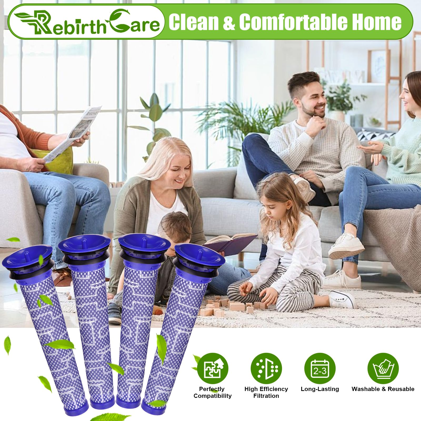 Mehrere blaue zylindrische Filter mit entspannten Menschen im Hintergrund, die ein sauberes Zuhause bewerben.