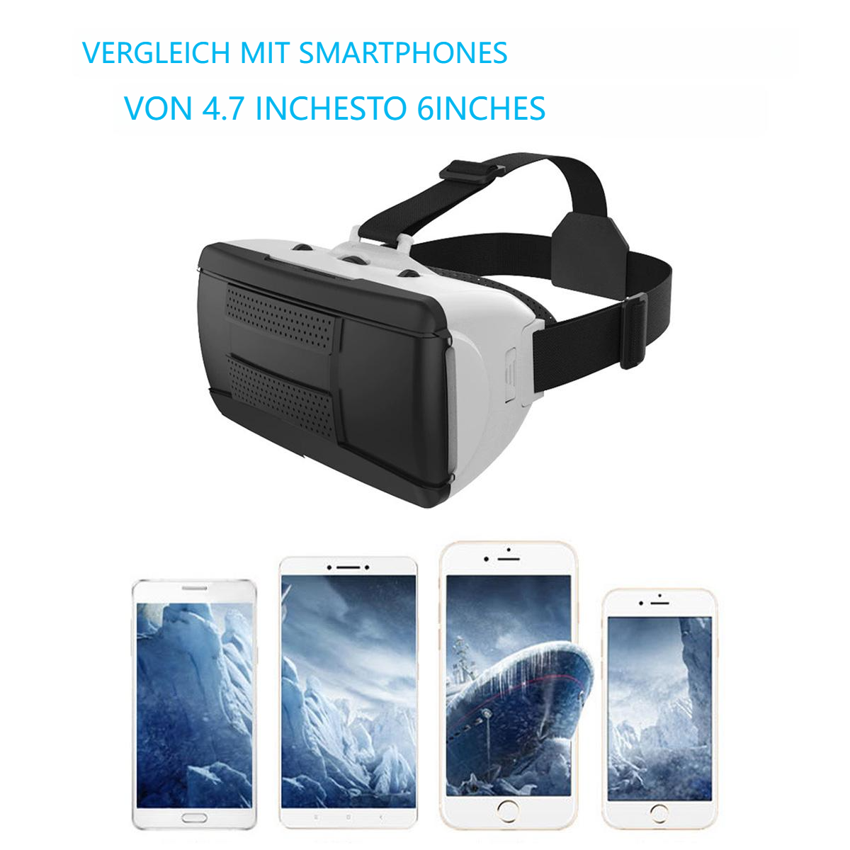 VR-Headset mit Smartphones. Das VR-Headset ist weiß und schwarz.