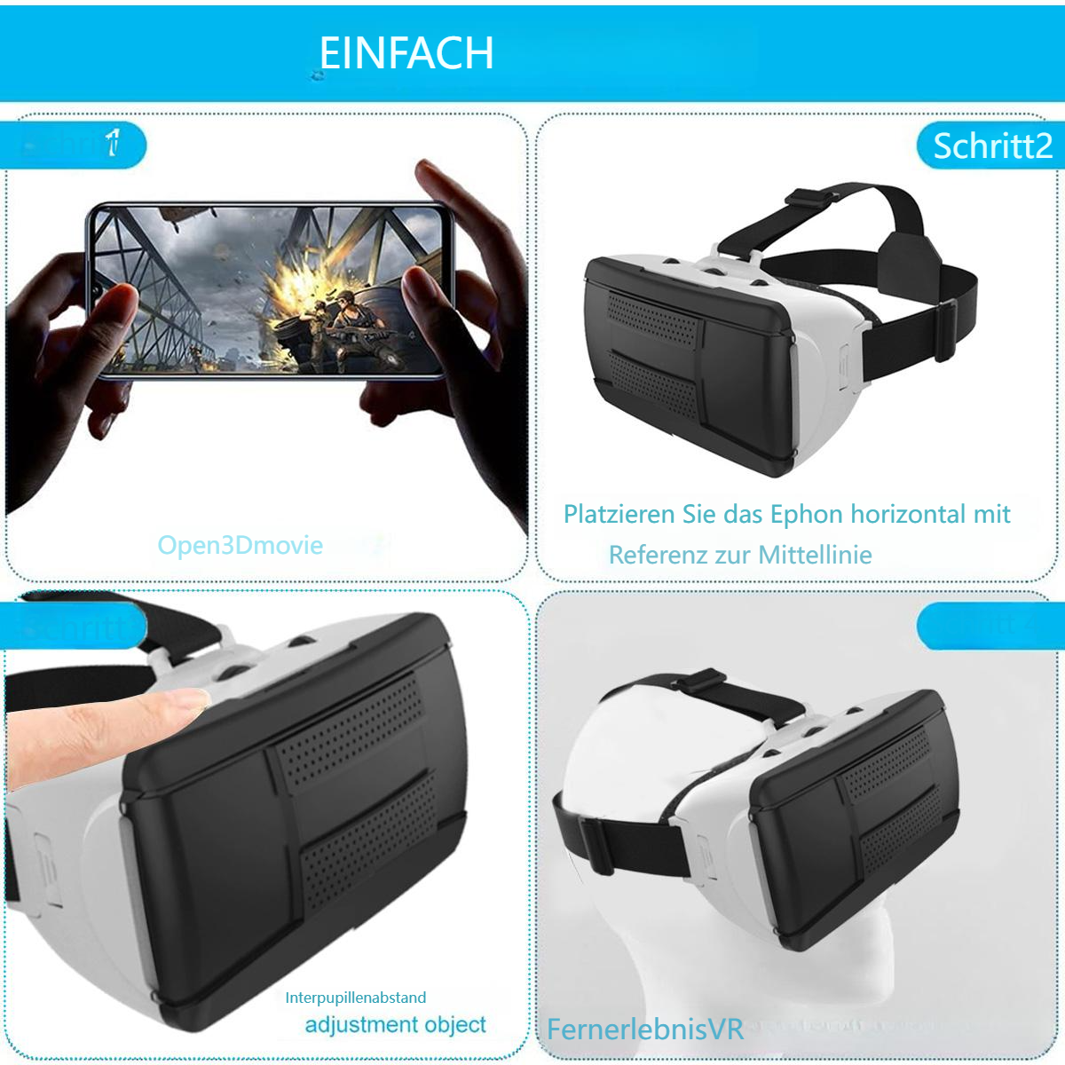 Bilder mit VR-Headsets und einem Telefon mit Spielanzeige. Text auf Deutsch.