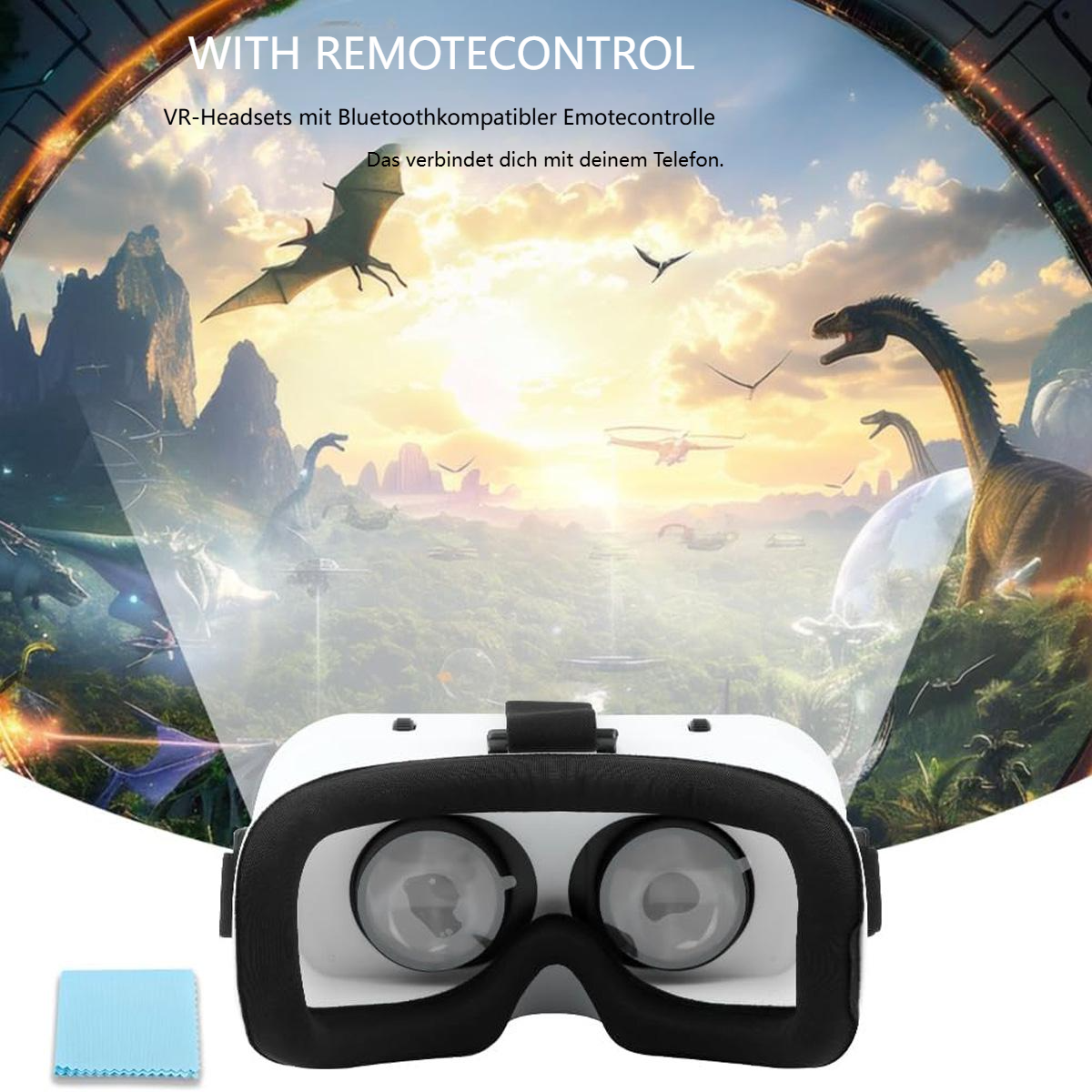 VR-Headset mit szenischem Hintergrund von Dinosauriern. Text: 'VR-Headsets mit Bluetooth-Fernbedienung'.