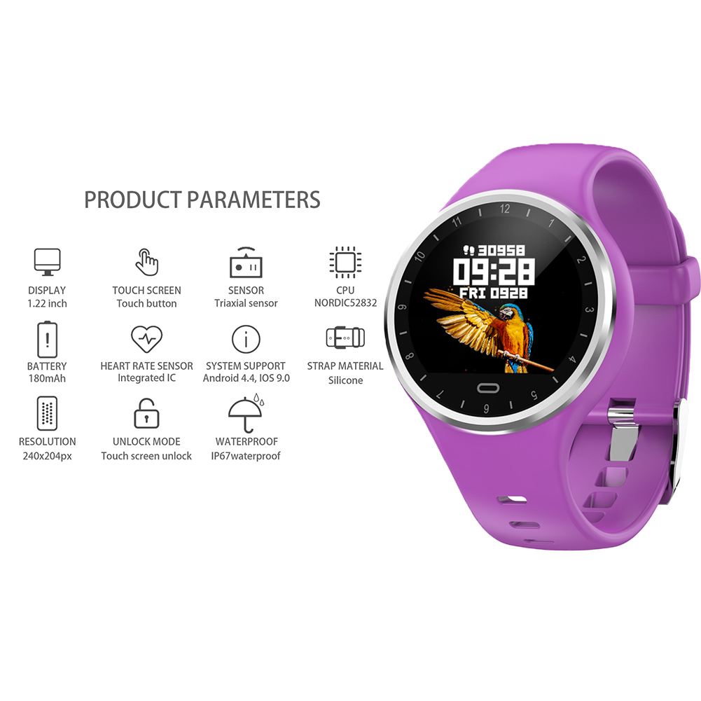 Lila Smartwatch mit digitaler Anzeige, die Zeit und ein Papageienbild zeigt.