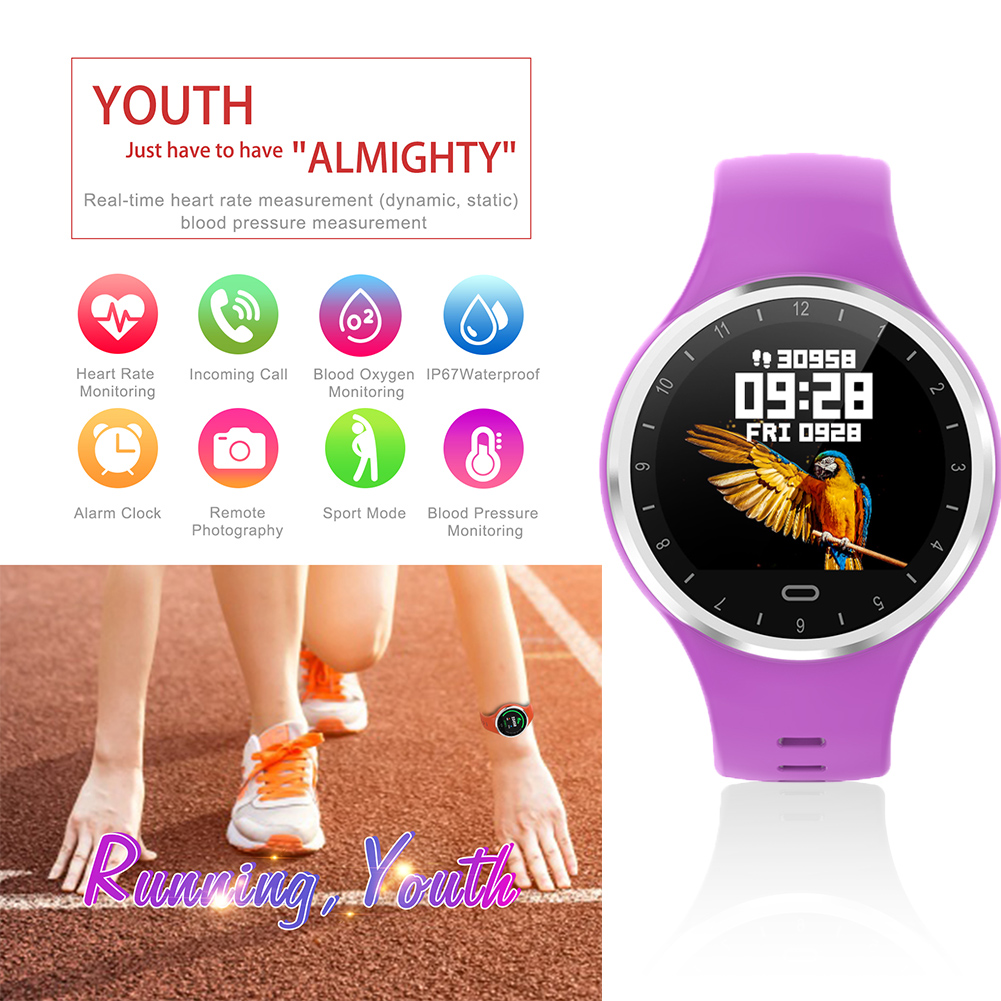 Lila Smartwatch mit farbenfrohem Display und Person beim Laufen. Symbole zeigen Gesundheitsüberwachung.