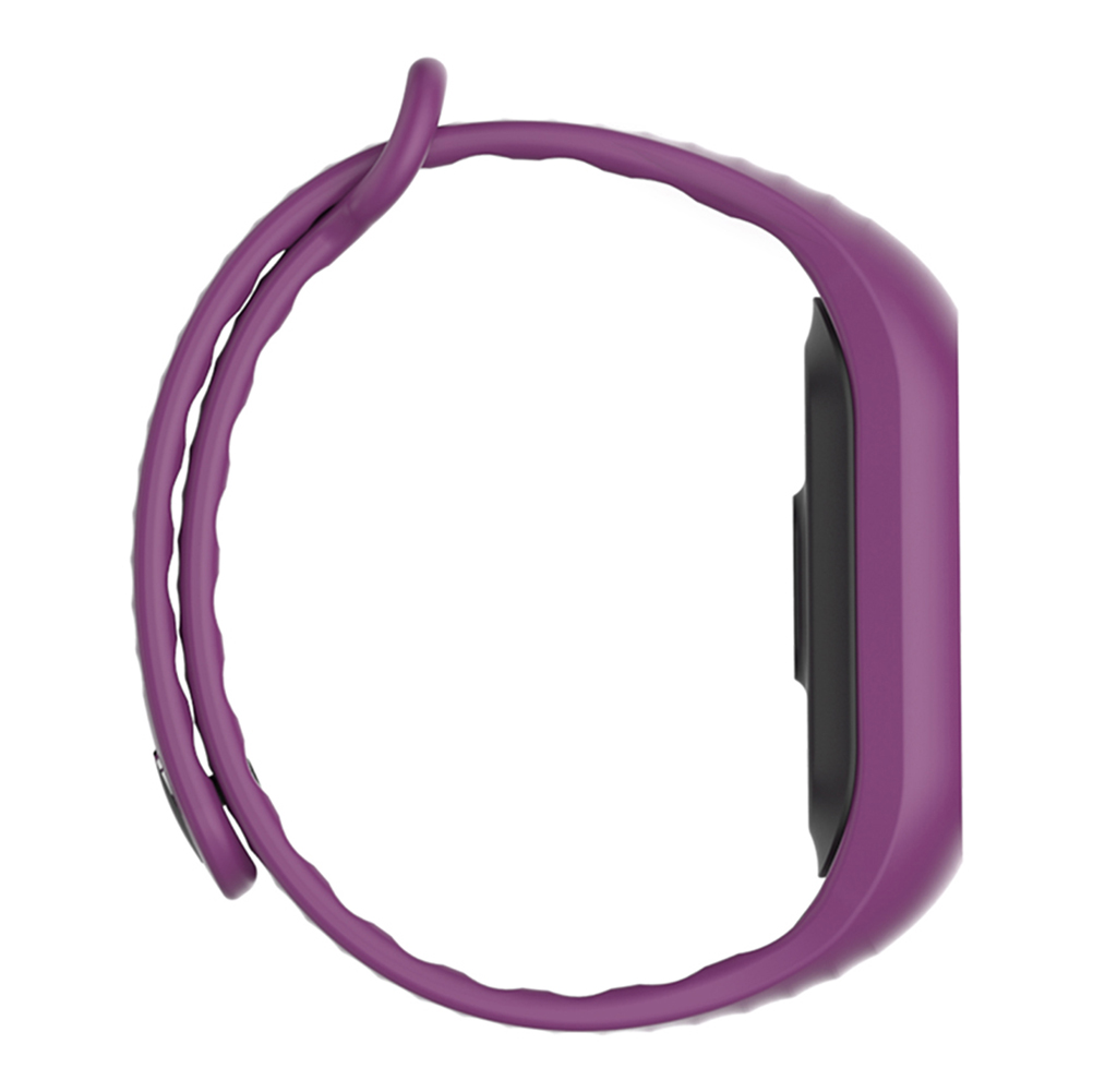 Lila Smartwatch mit schwarzem Bildschirm, Seitenansicht.