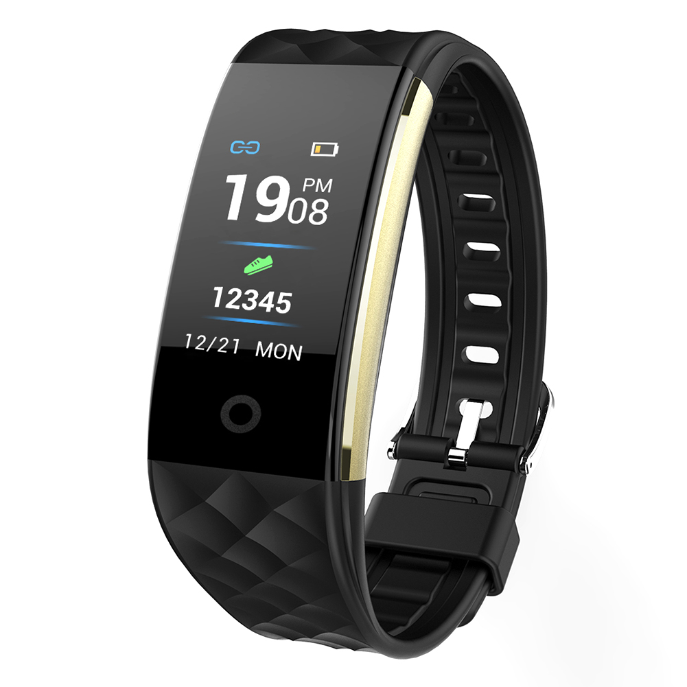 Schwarze Fitness-Tracker-Uhr, die Zeit, Schritte und Akku auf dem Bildschirm anzeigt.