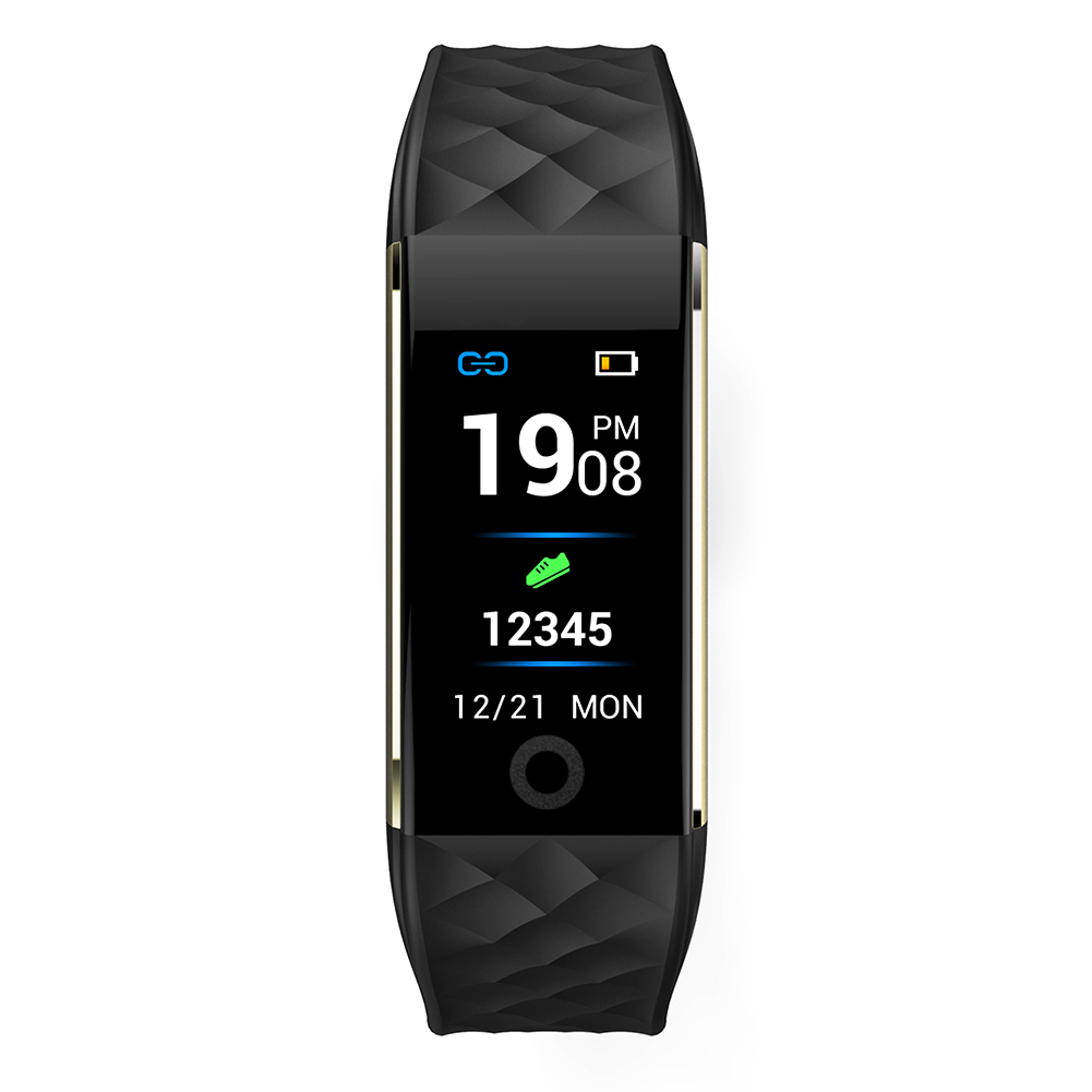 Ein schwarzer Fitness-Tracker, der Zeit, Datum, Schritte und Batteriestatus anzeigt.