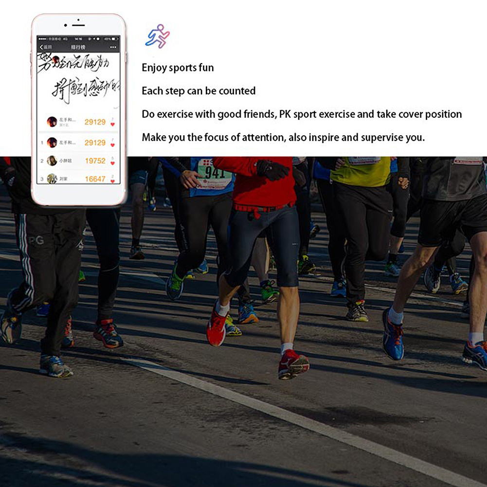 Leute rennen, mit einem Telefonbildschirm, der eine Lauf-App zeigt. Text und weißer Hintergrund.