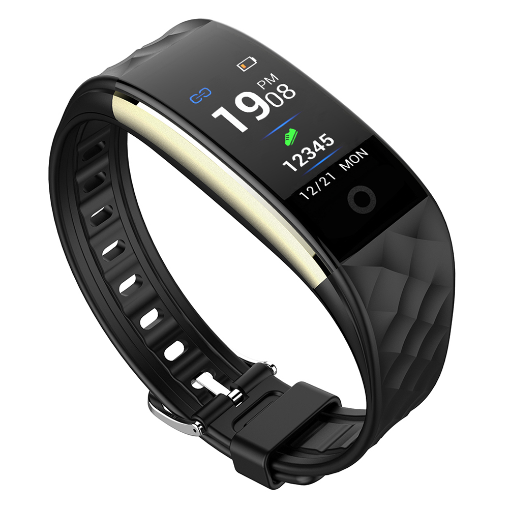 Schwarze Smartwatch mit schwarzem Armband, zeigt Zahlen auf einem beleuchteten Bildschirm.