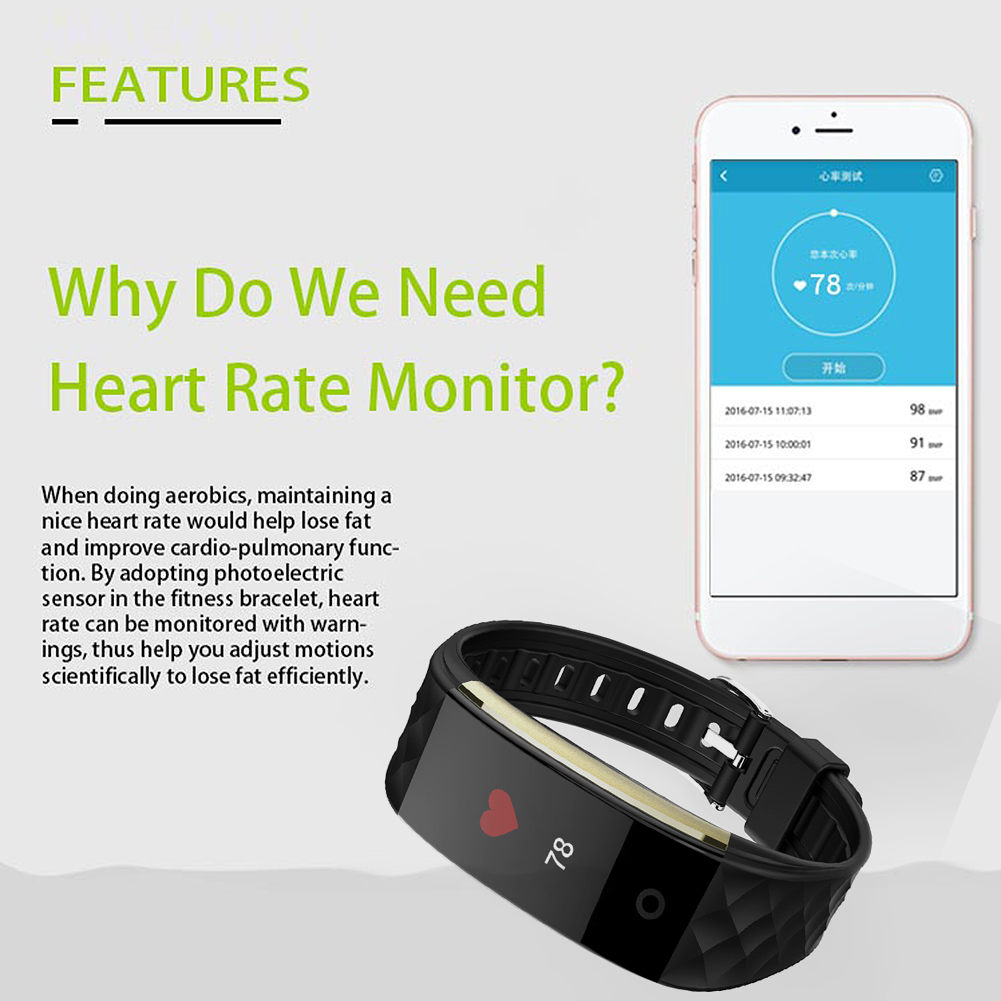 Ein schwarzer Fitnesstracker und ein Smartphone mit Herzfrequenzdaten auf weißem Hintergrund.
