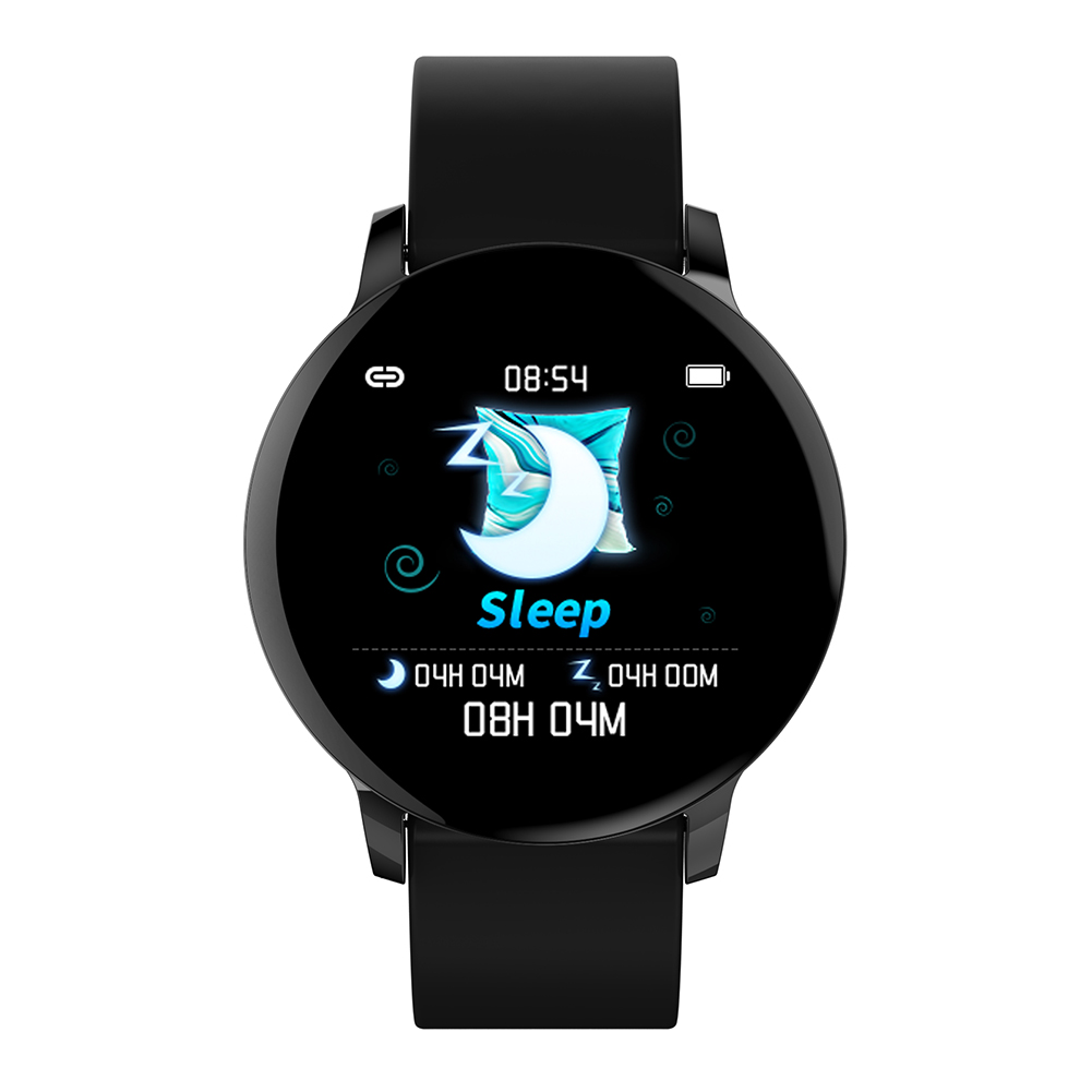 Eine schwarze Smartwatch, die eine Schlaf-Grafik und die Uhrzeit anzeigt. Auf weißem Hintergrund.