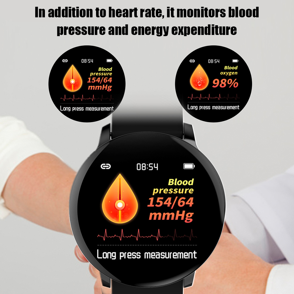 Smartwatch zeigt Blutdruck und Sauerstoffgehalt sowie eine Blutdruckgrafik an.