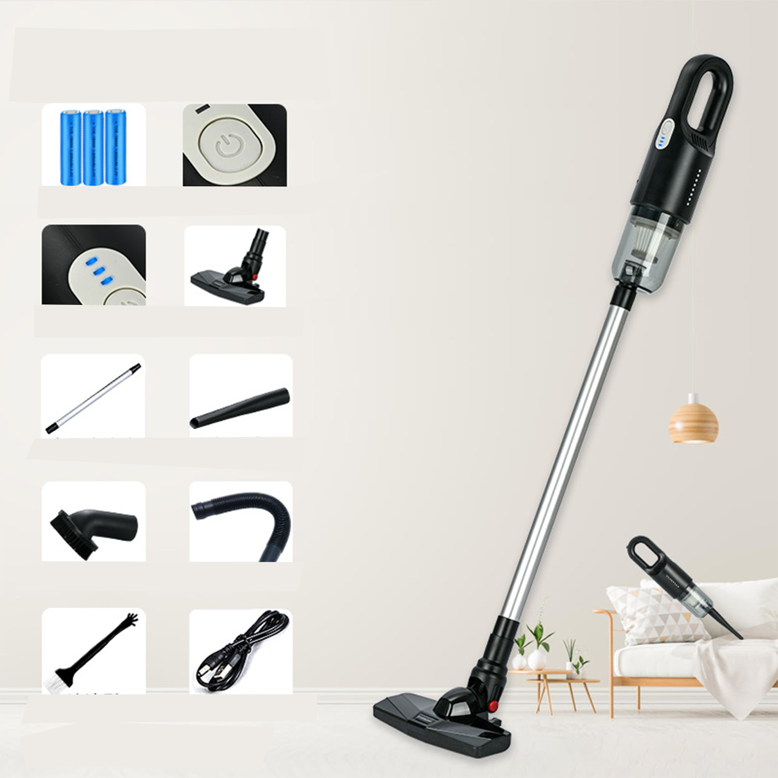 Kabelloser Staubsauger in Schwarz und Silber mit Zubehör und Diagramm der Komponenten.
