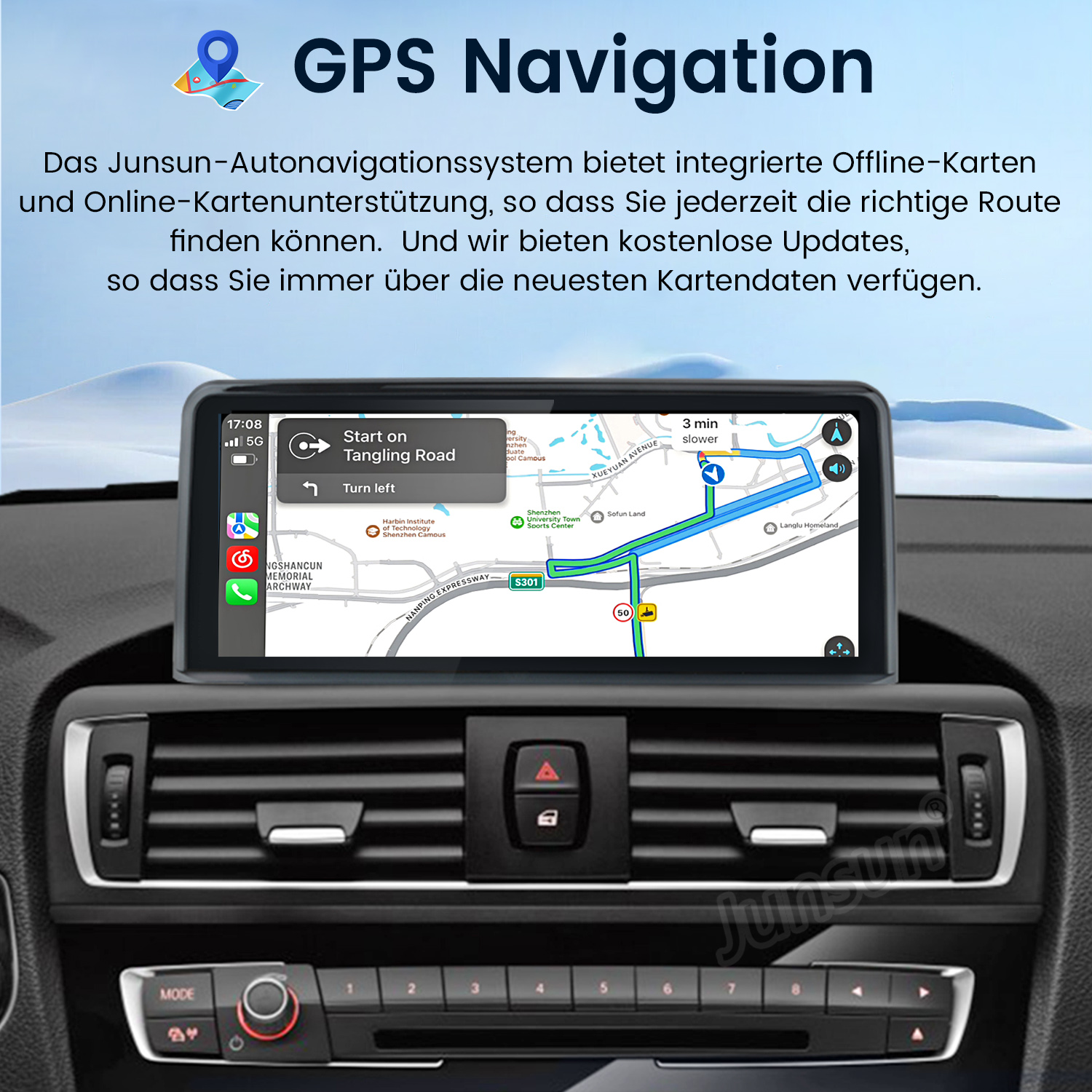 Deska rozdzielcza samochodu z ekranem nawigacji GPS. Ekran pokazuje mapę i instrukcje nawigacji.