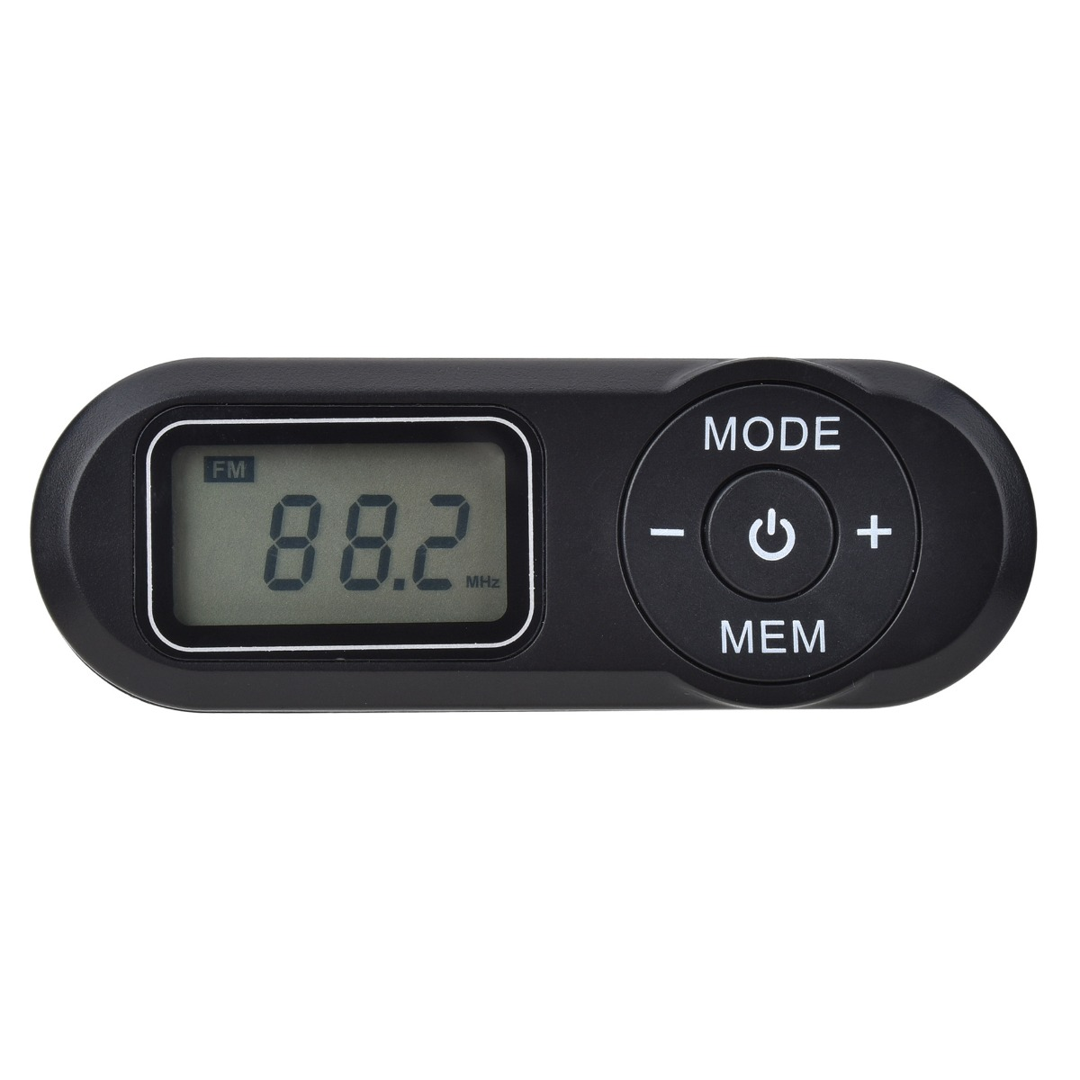 Schwarzes FM-Radio mit LCD-Anzeige 88,2 MHz und Bedienknöpfen.