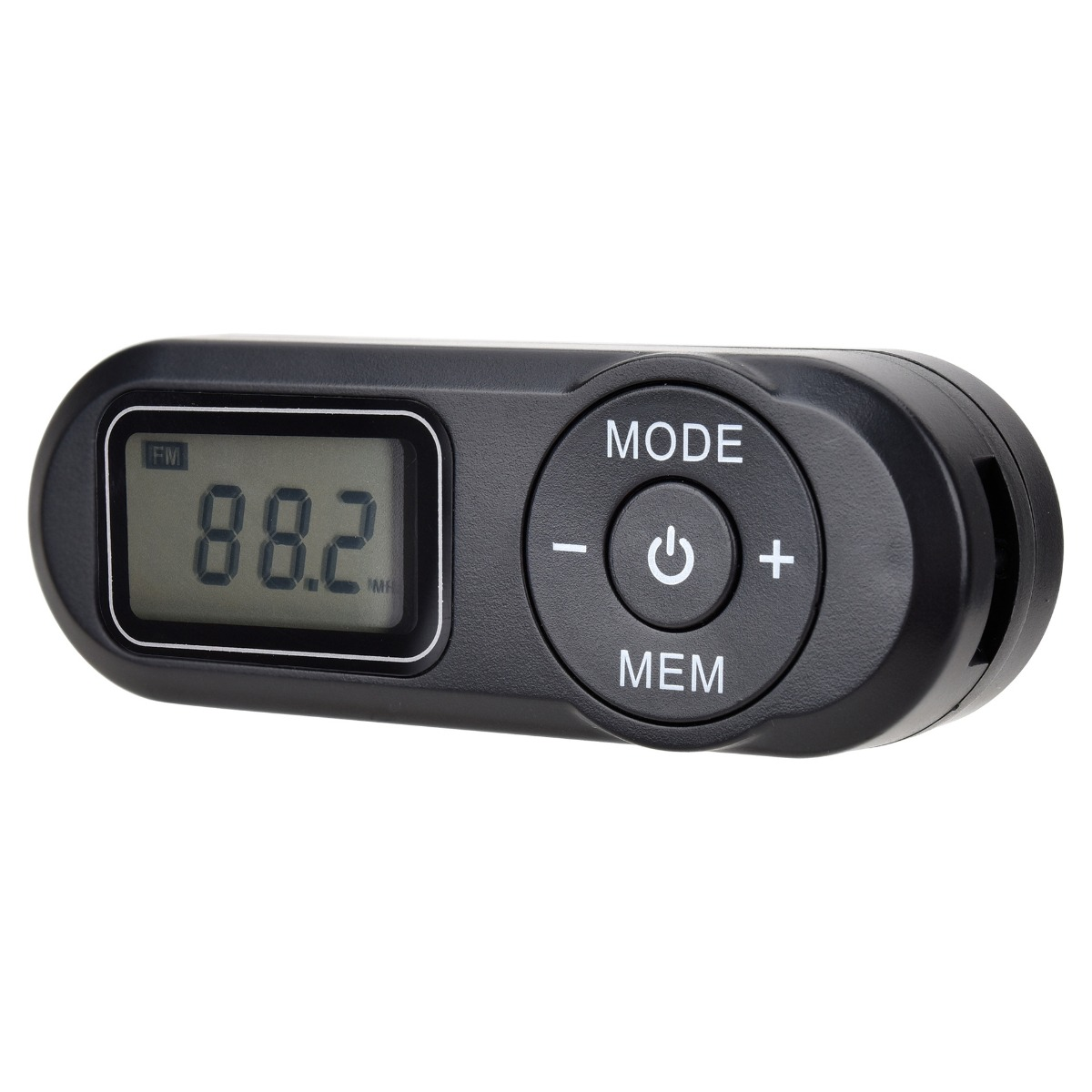 Schwarzer Auto-FM-Sender mit 88,2 MHz Frequenz und Tasten für Modus und Lautstärke.