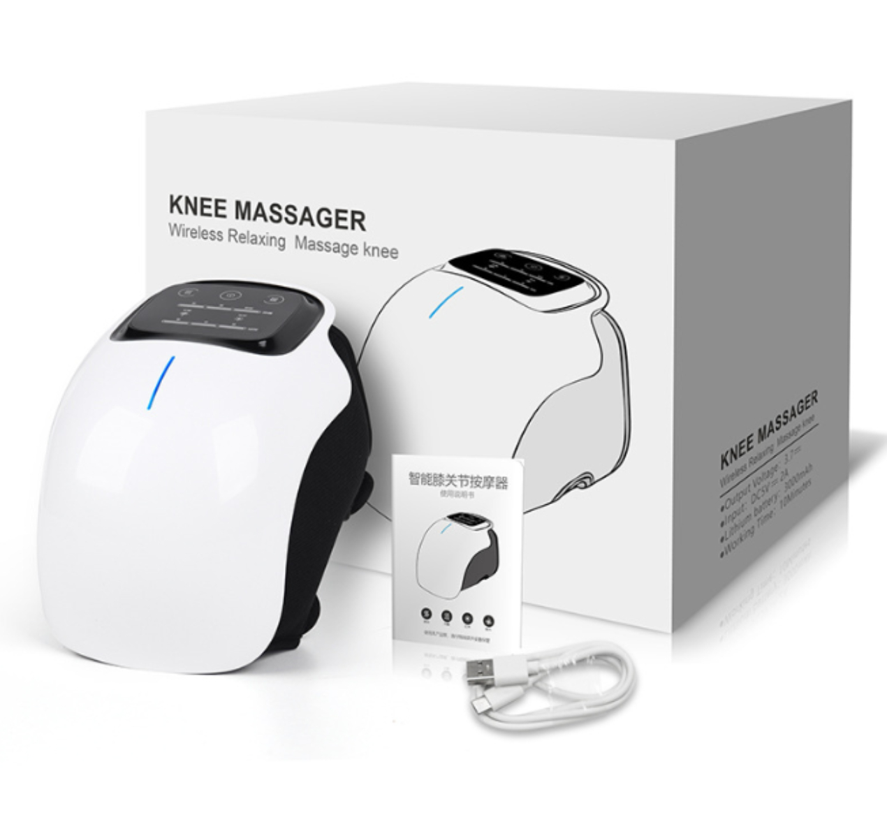 Knie-Massagegerät in einer Box mit Handbuch und Ladekabel. Weiß und schwarz.