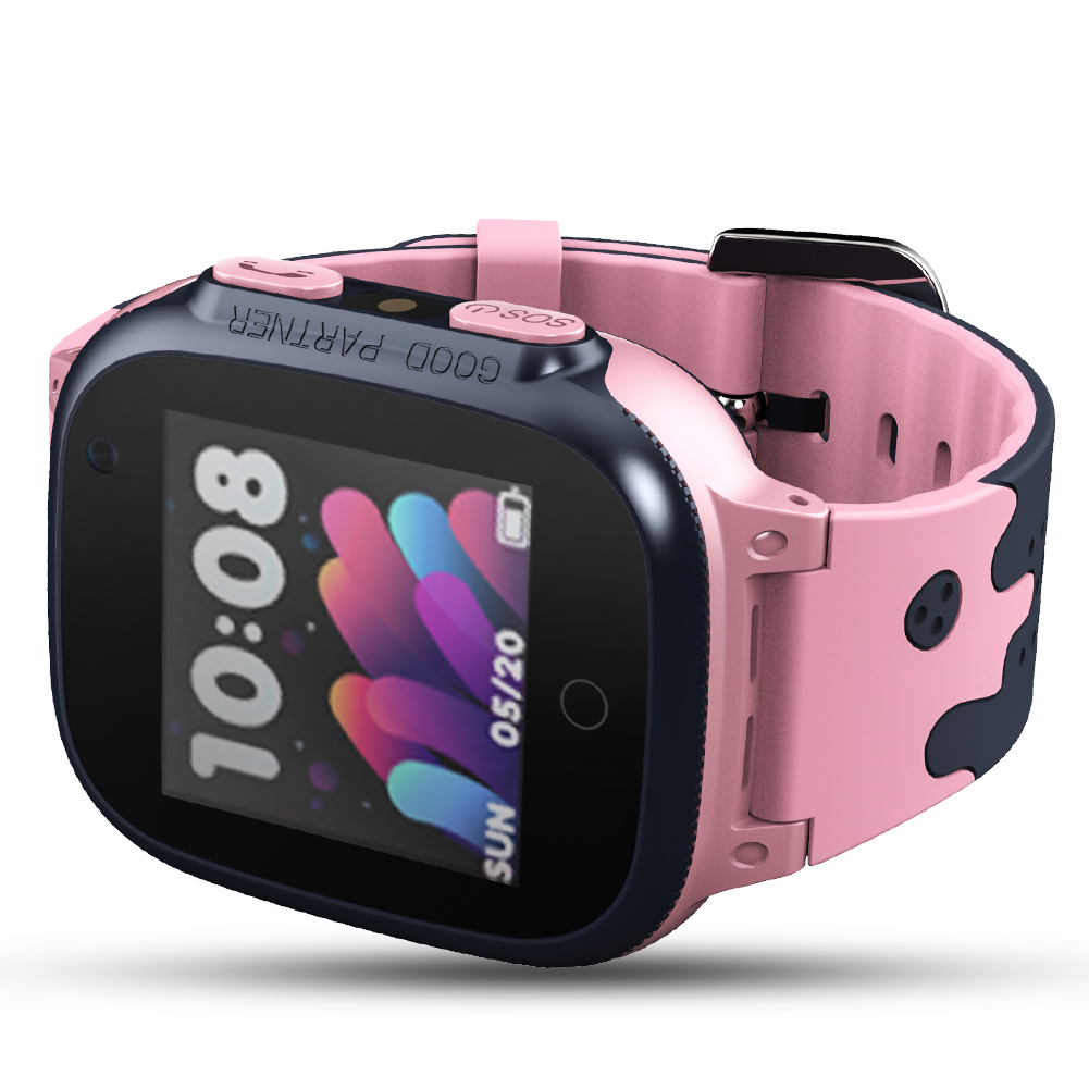 Pinke und marineblaue Smartwatch mit farbenfrohem Display, zeigt Zeit- und Batterieinformationen.
