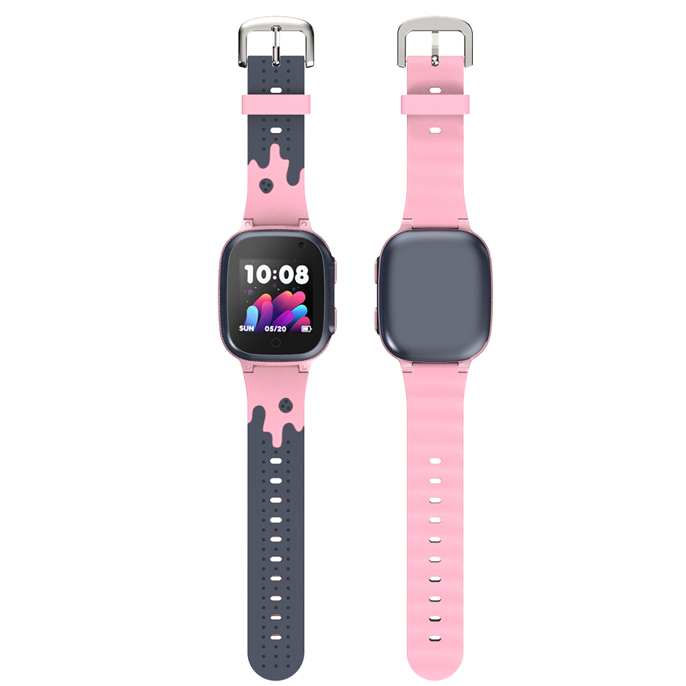 Zwei rosa Smartwatches, eine vorne und eine hinten, mit rosa Armband.