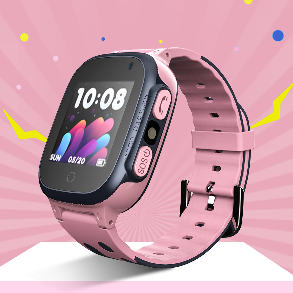 Eine rosa Smartwatch mit rosa Armband. Die Uhr zeigt Zeit, Datum und Akkuladestand an.