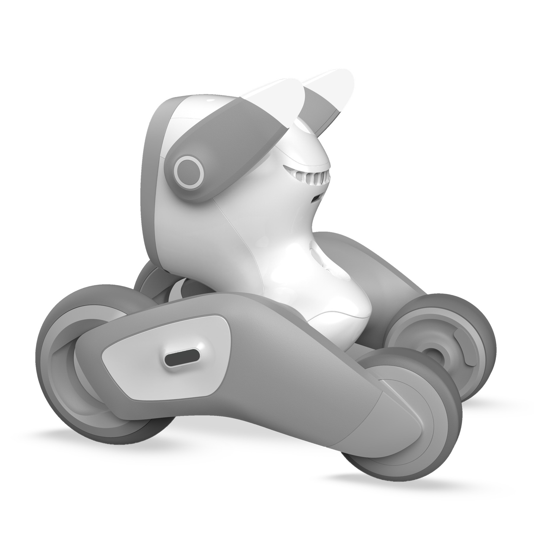 Ein weißes und graues Roboterspielzeug mit vier Rädern. Es hat ein gesichtsähnliches Design mit zwei ohrartigen Strukturen.