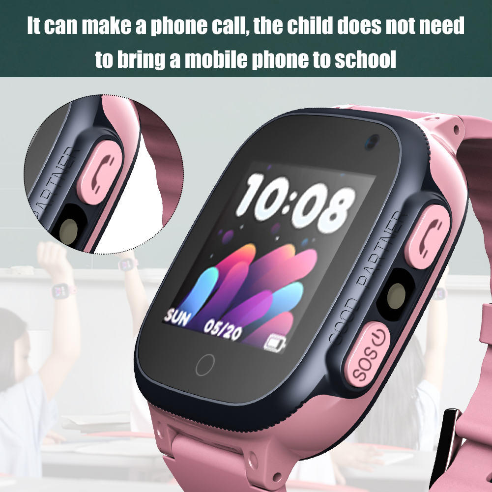 Eine pinke Smartwatch mit einem Bildschirm, der die Zeit anzeigt. Sie hat Anruf- und SOS-Tasten.